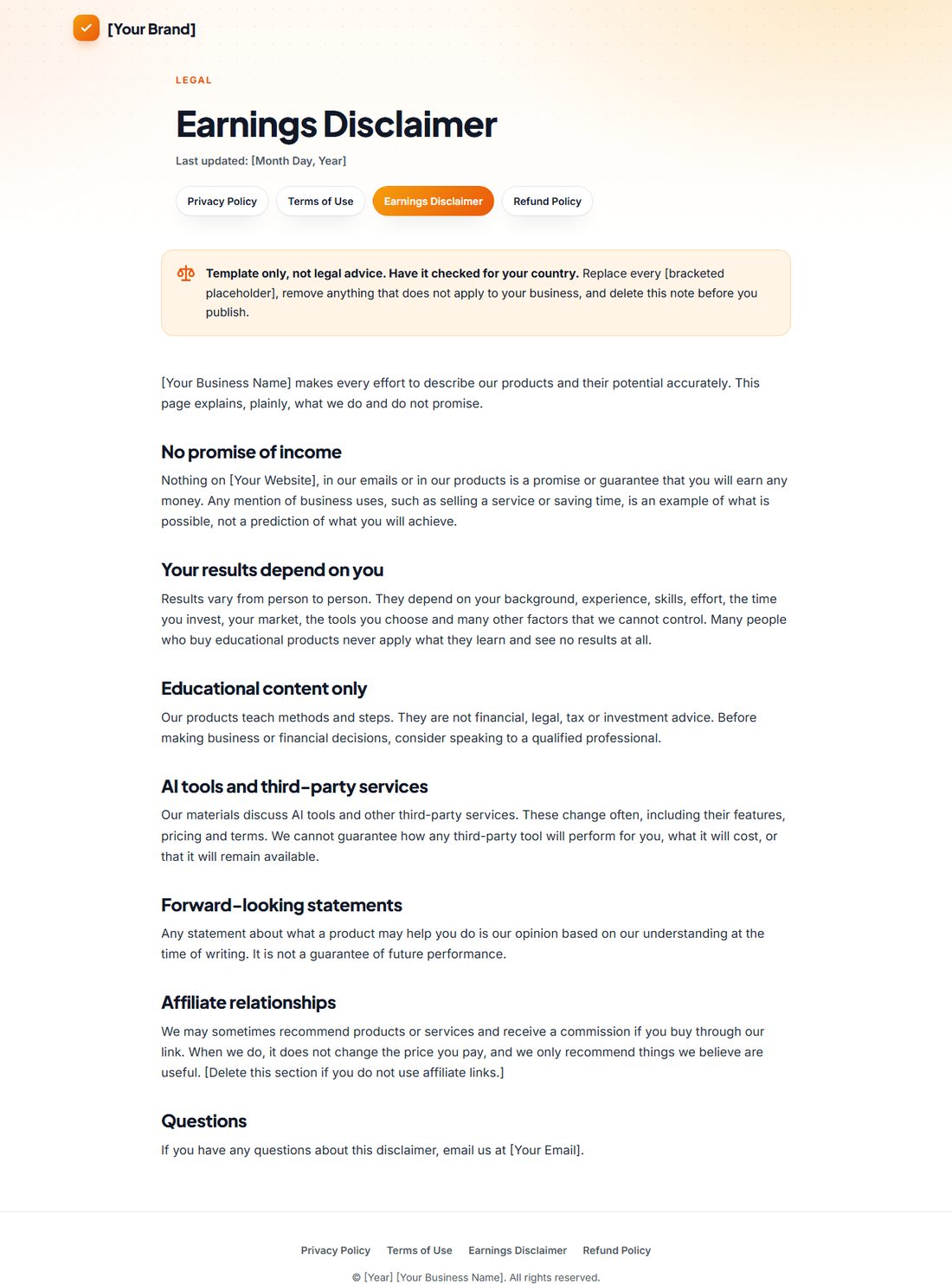 The Earnings Disclaimer template