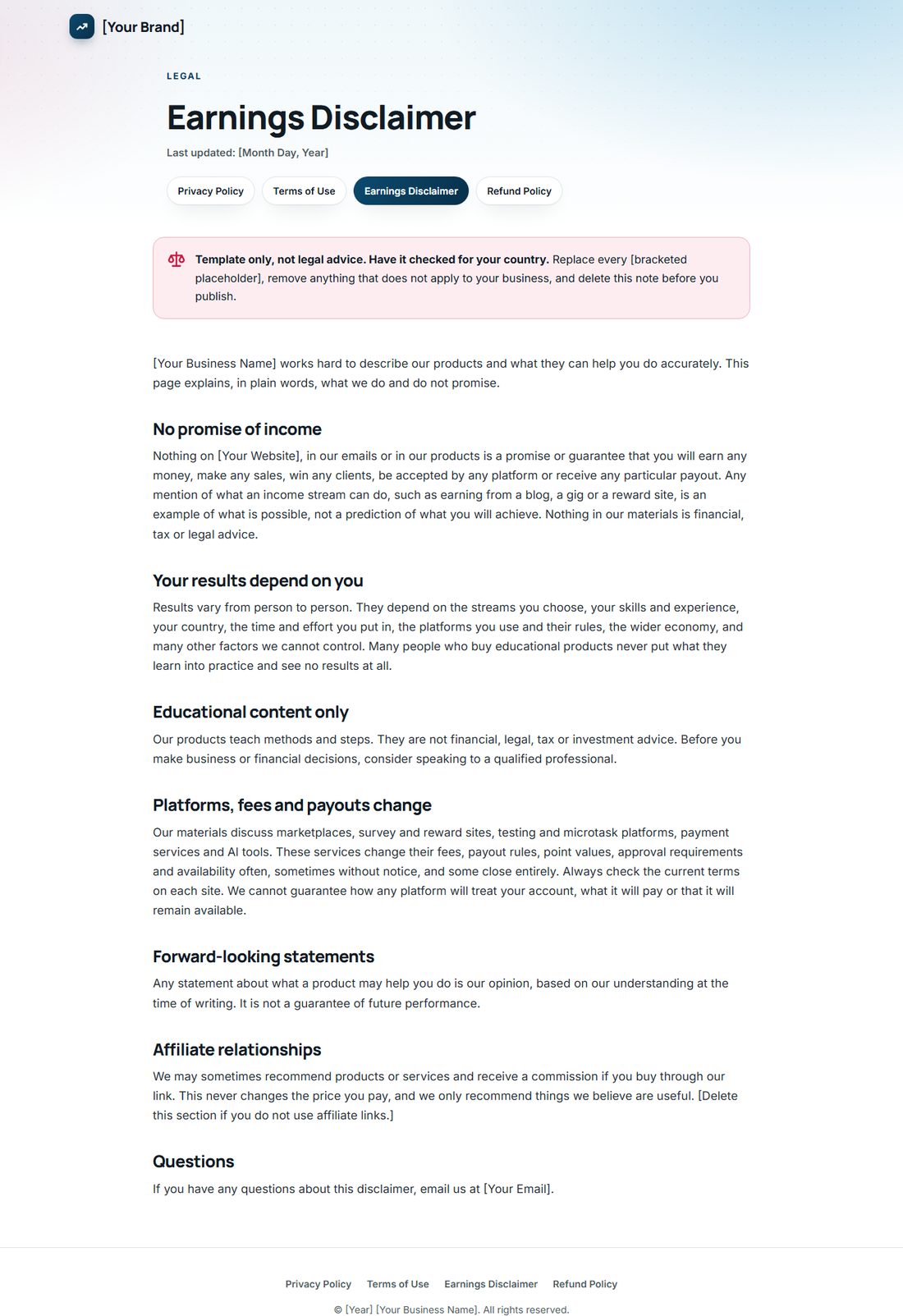 The Earnings Disclaimer template