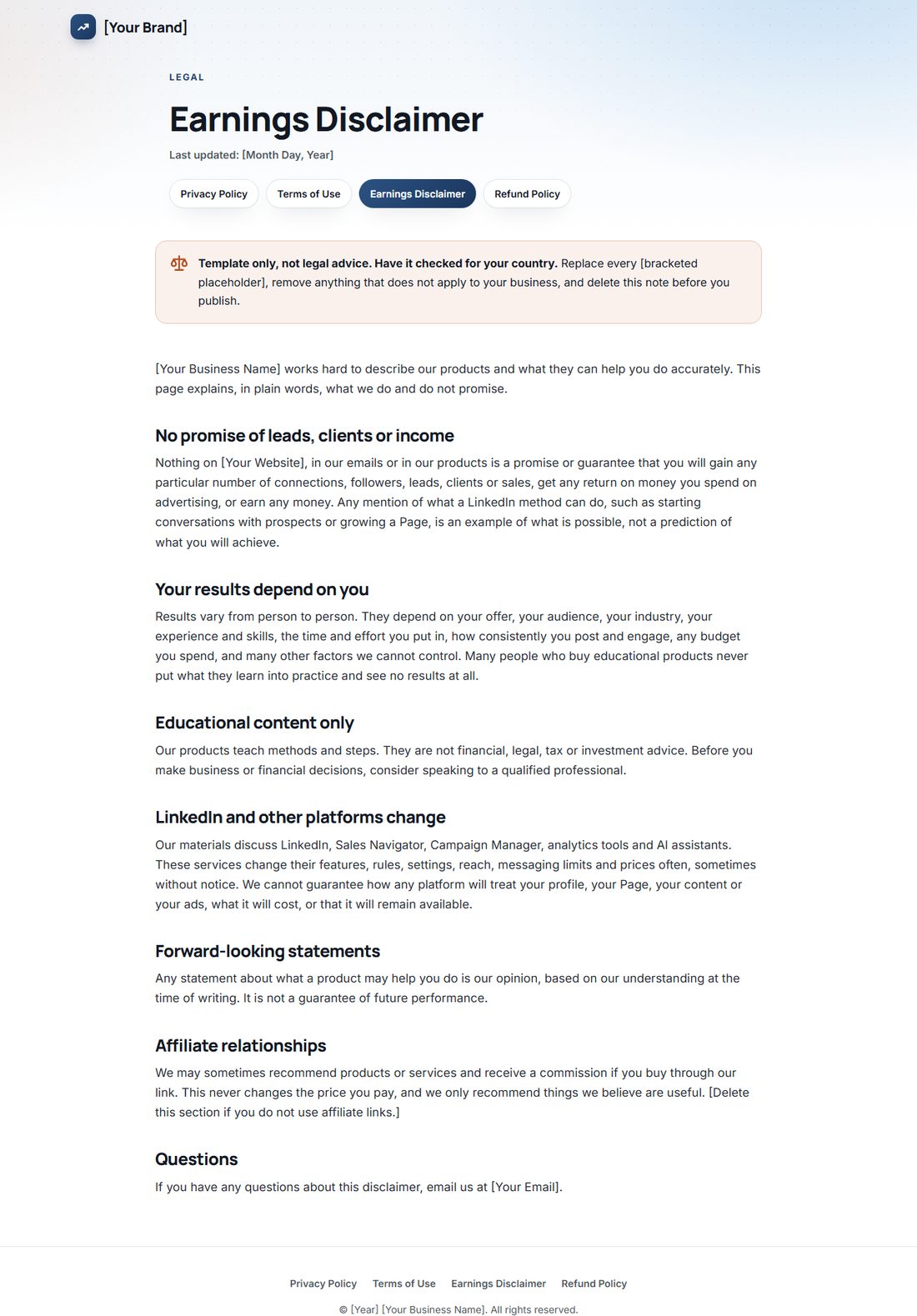 The Earnings Disclaimer template