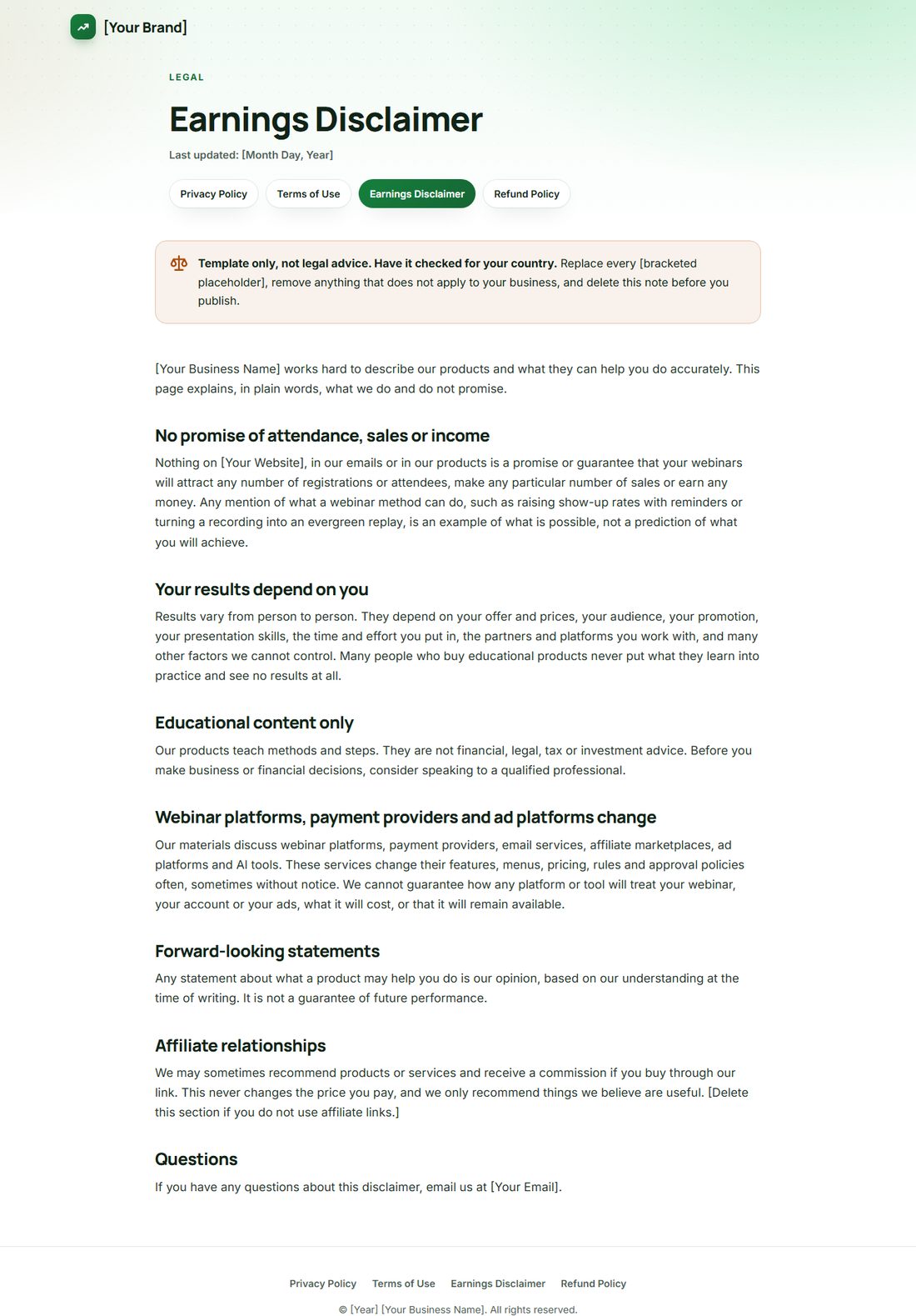 The Earnings Disclaimer template