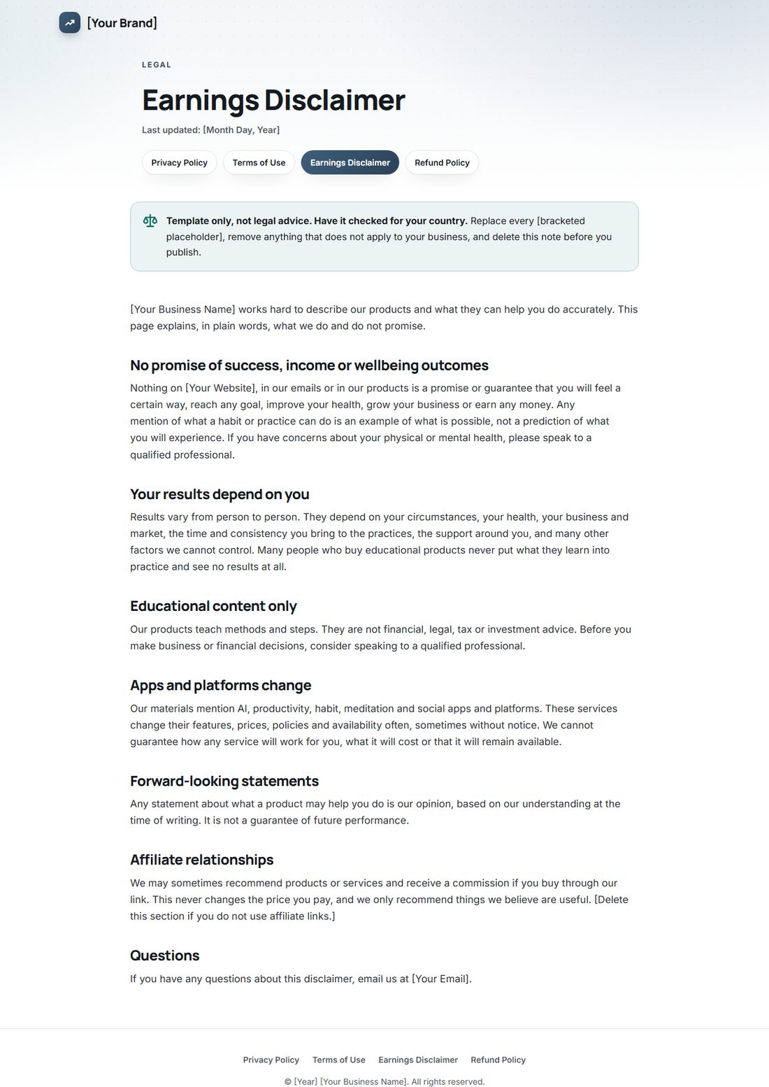 The Earnings Disclaimer template