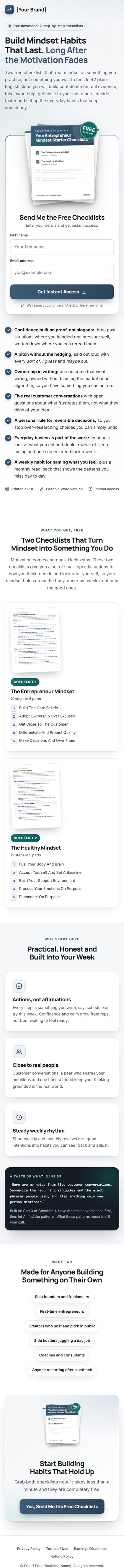 The Mindset Habits Profit Kit squeeze page on a phone