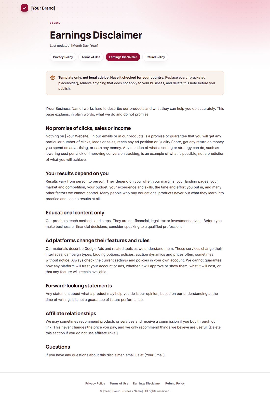 The Earnings Disclaimer template