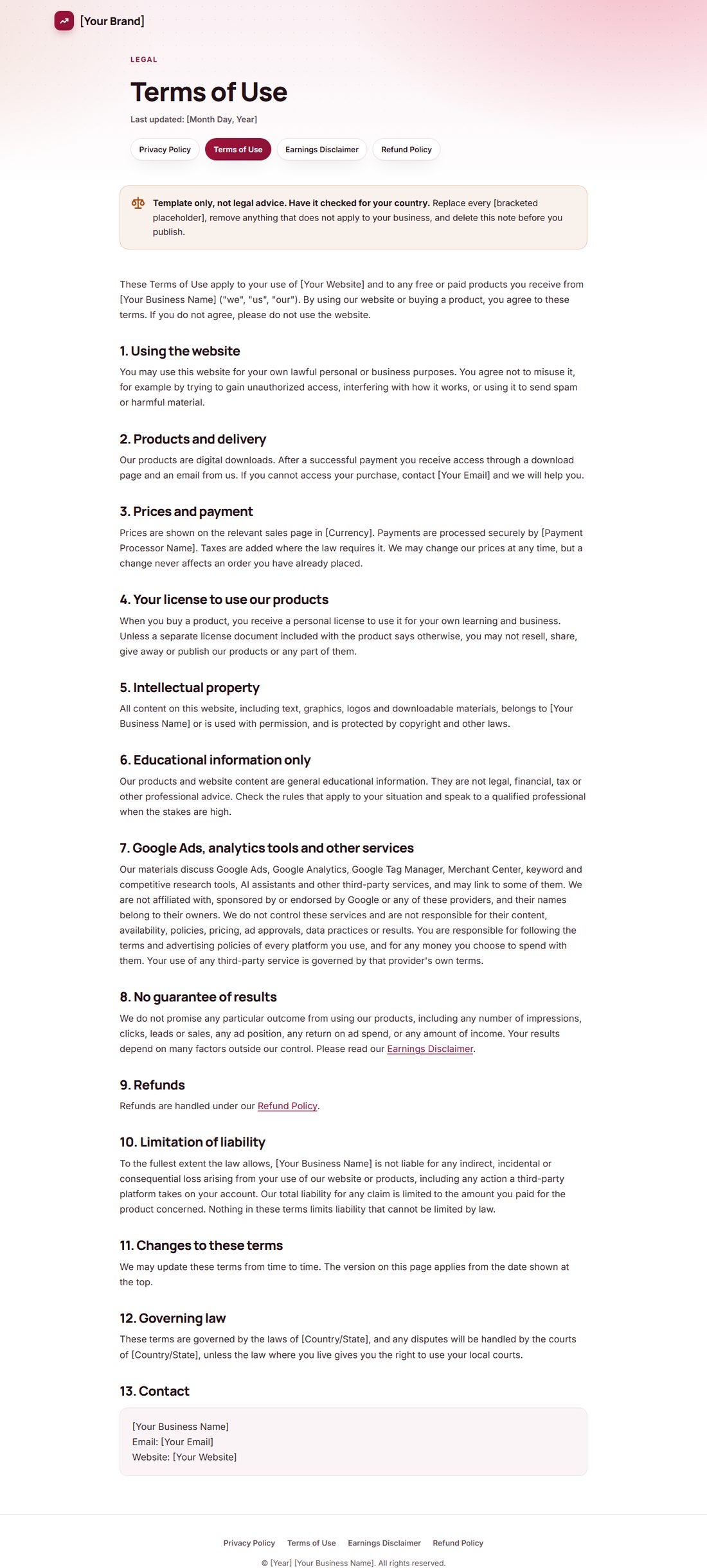 The Terms Of Service template