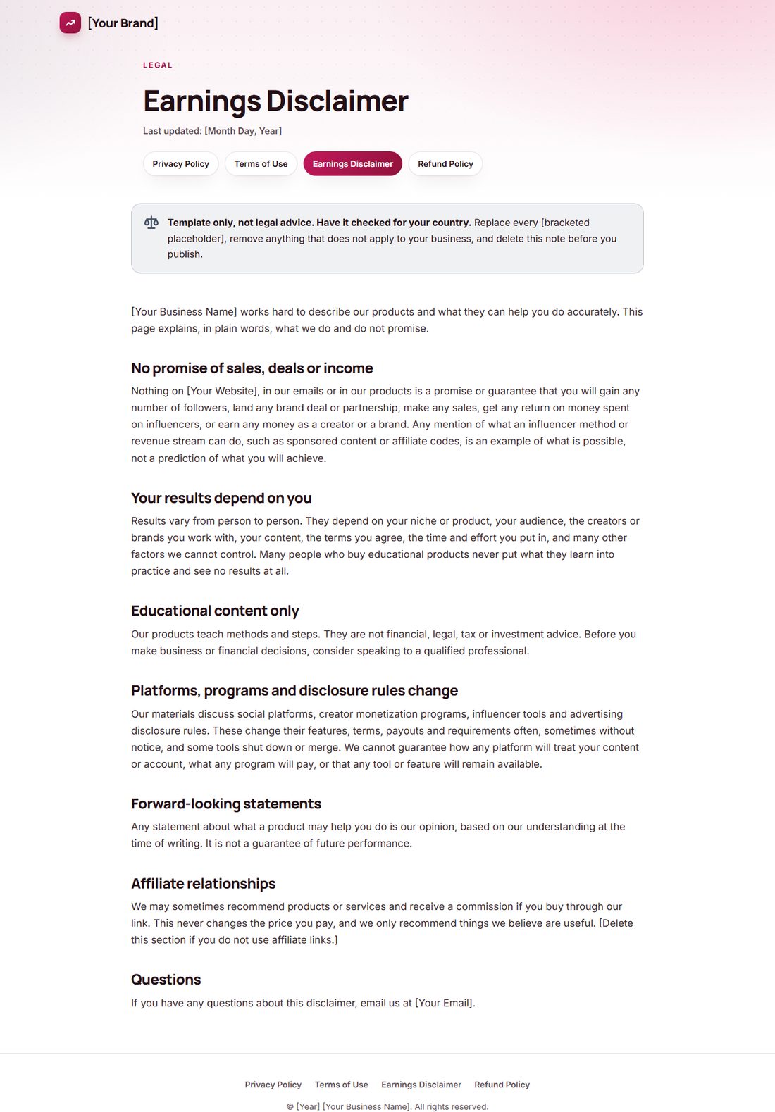 The Earnings Disclaimer template