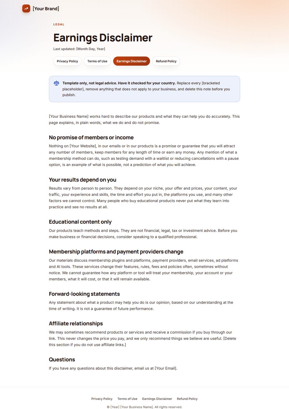 The Earnings Disclaimer template