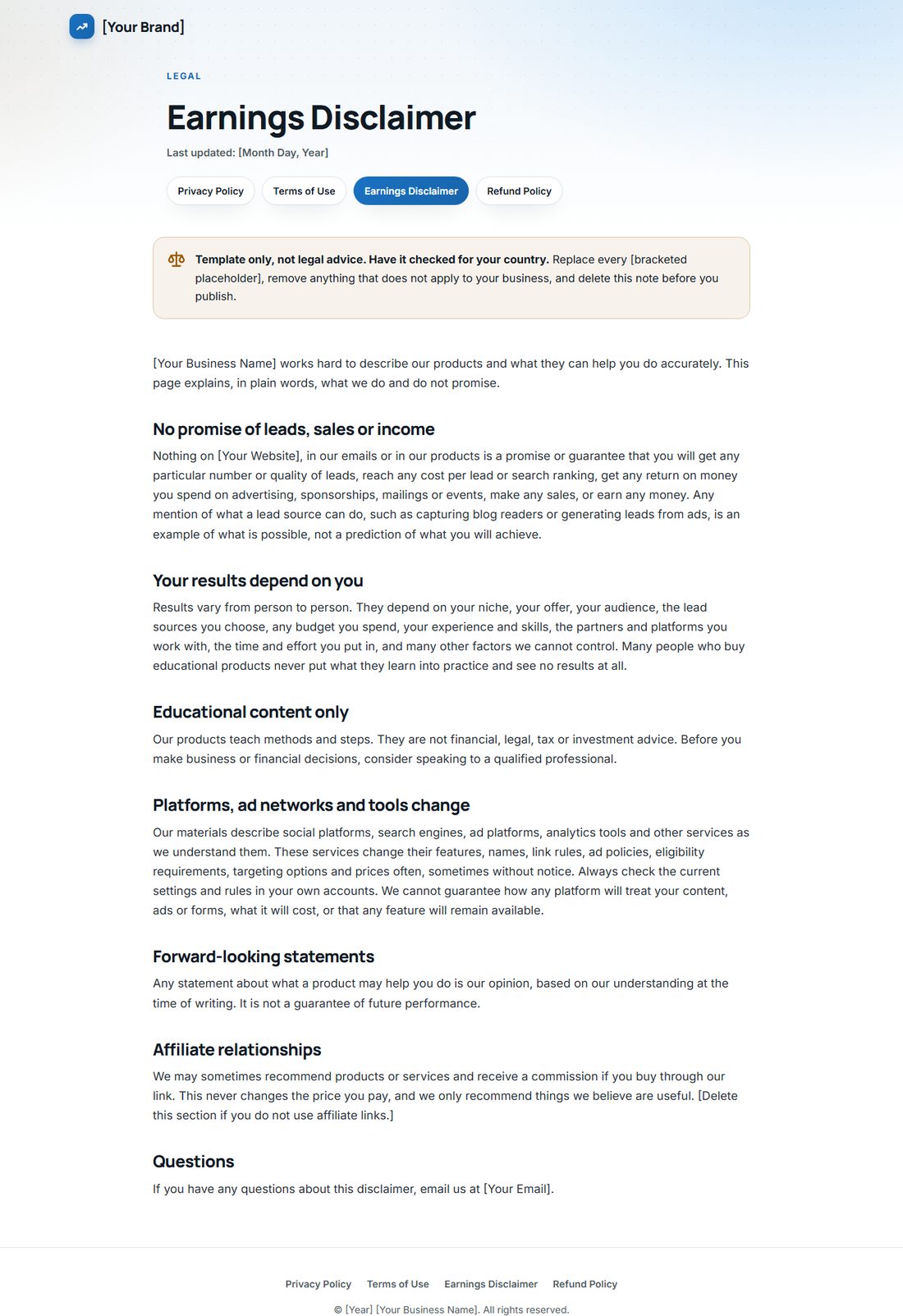The Earnings Disclaimer template