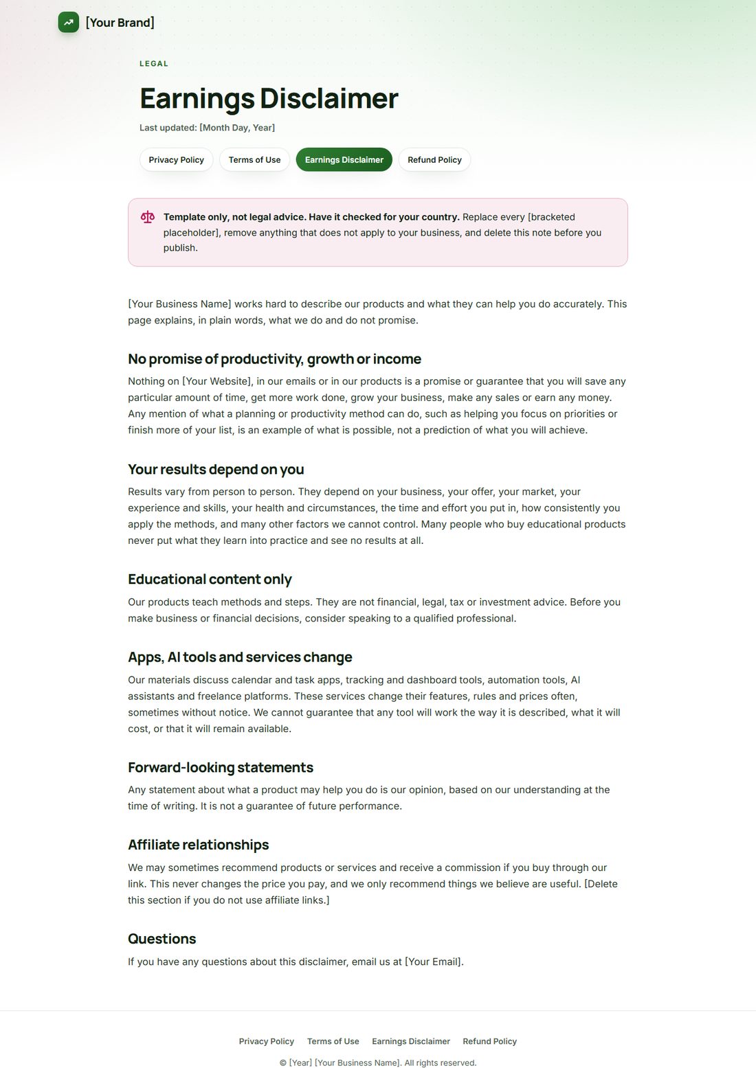 The Earnings Disclaimer template