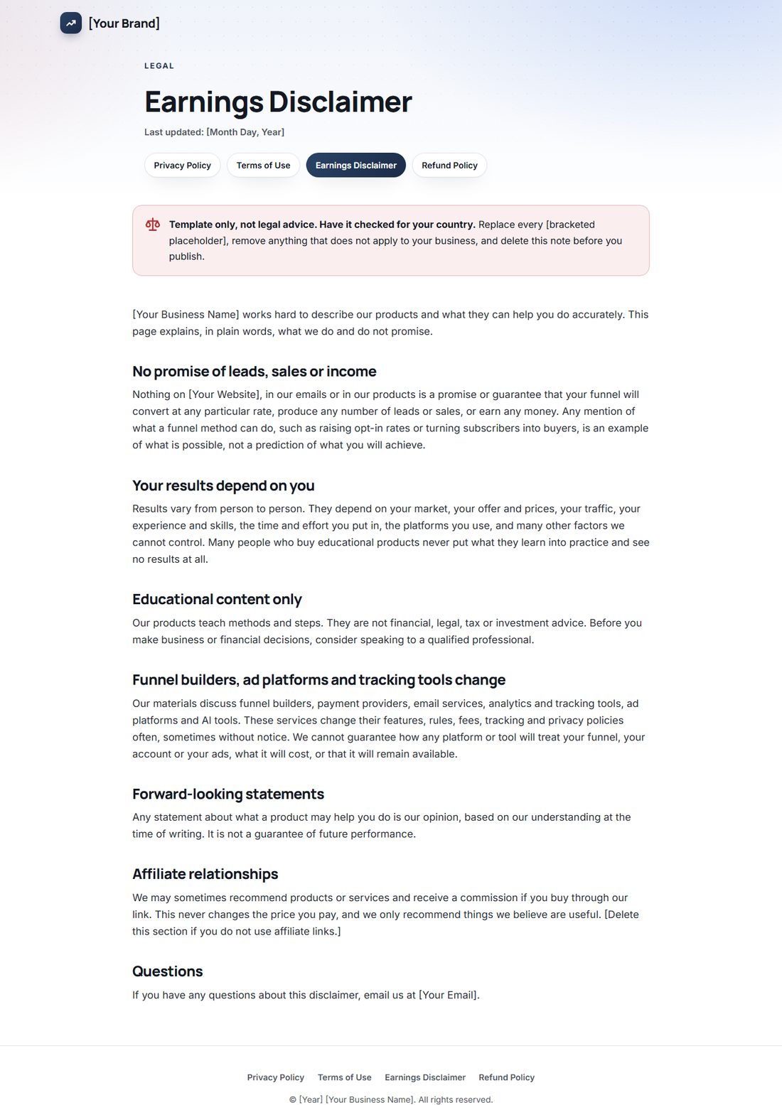 The Earnings Disclaimer template