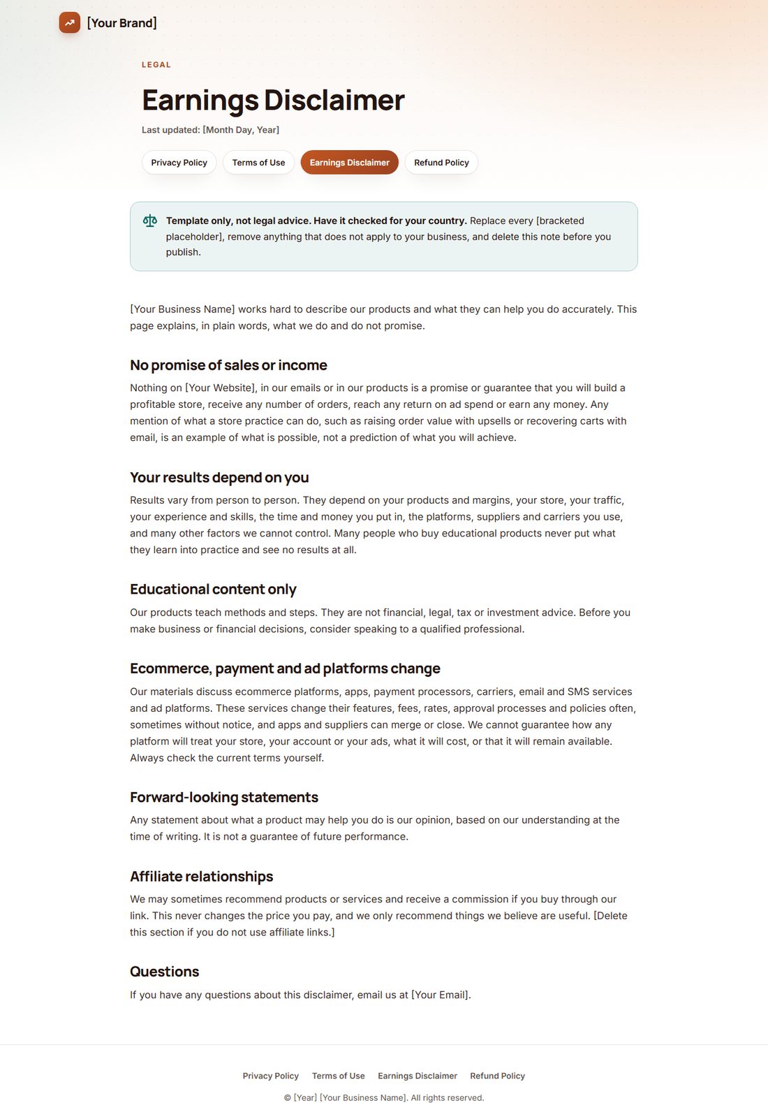 The Earnings Disclaimer template
