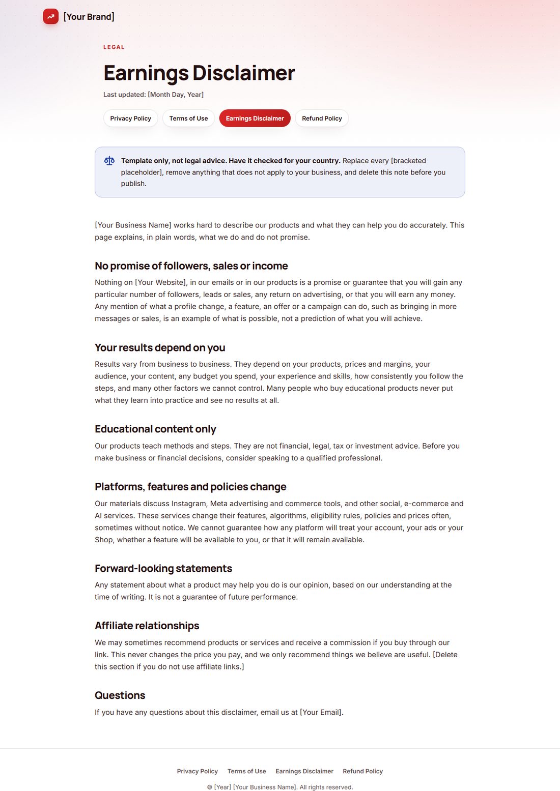 The Earnings Disclaimer template
