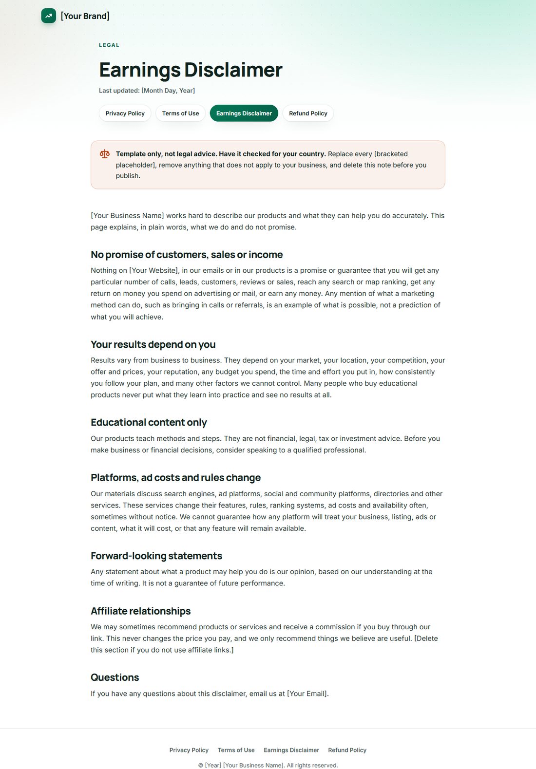 The Earnings Disclaimer template