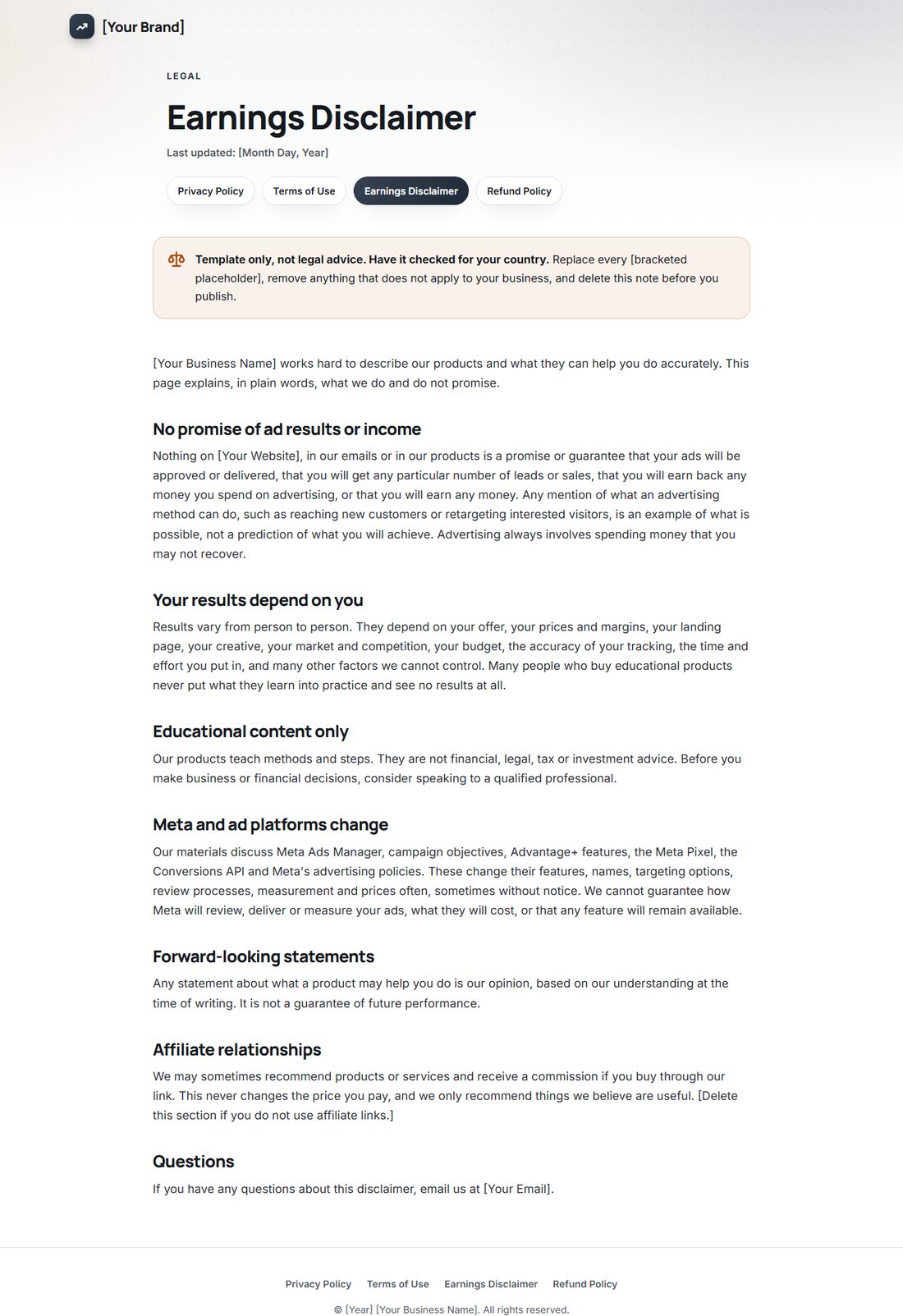 The Earnings Disclaimer template