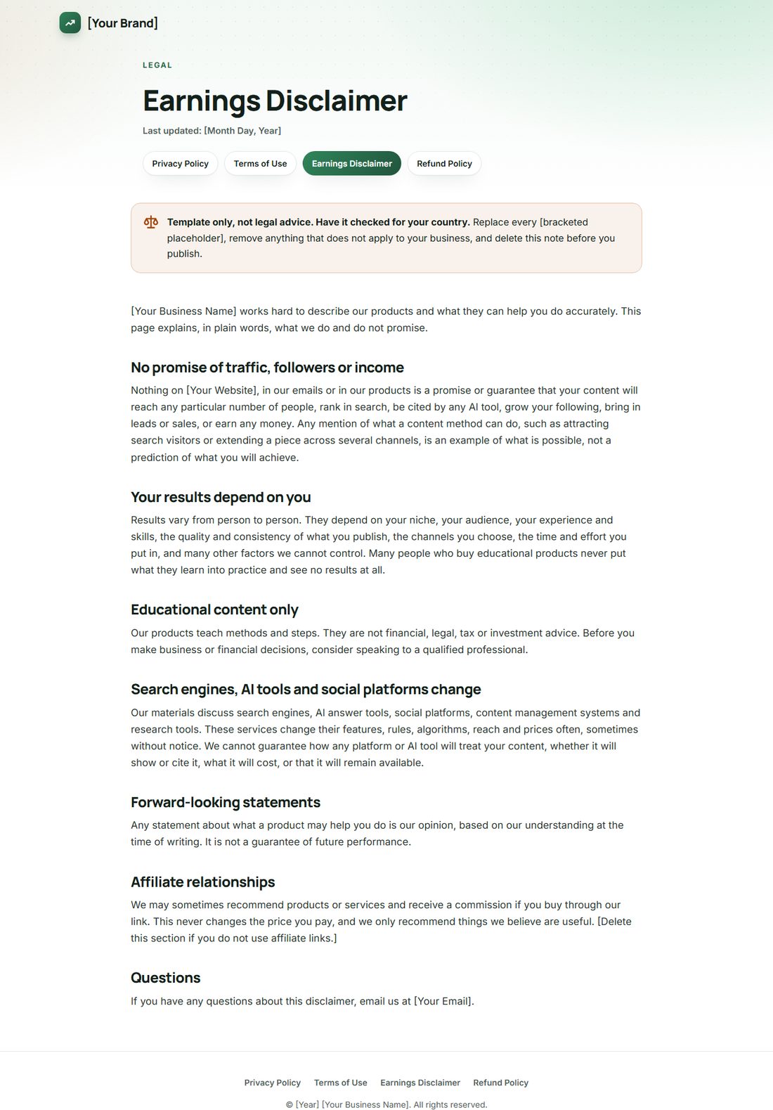 The Earnings Disclaimer template