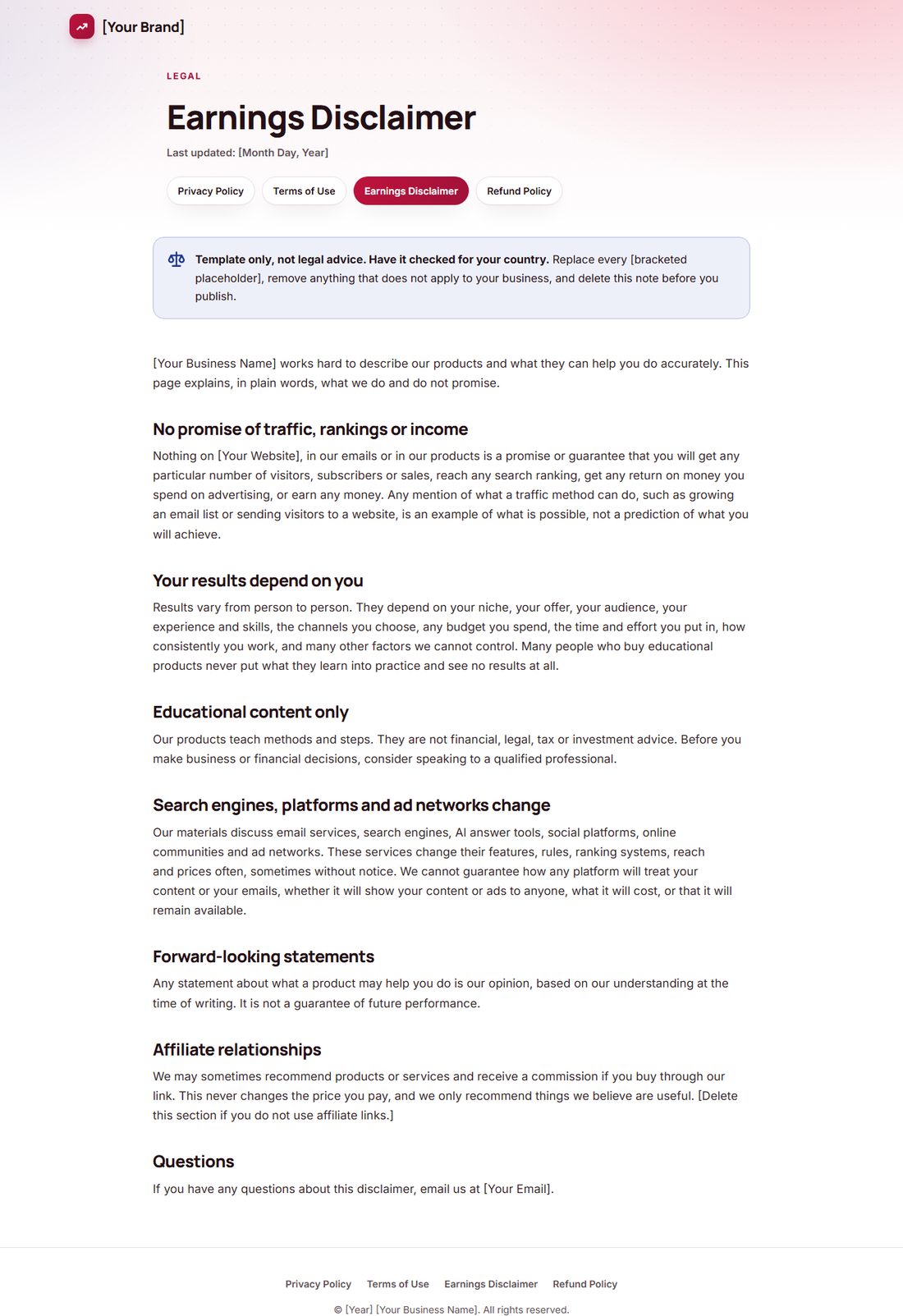 The Earnings Disclaimer template