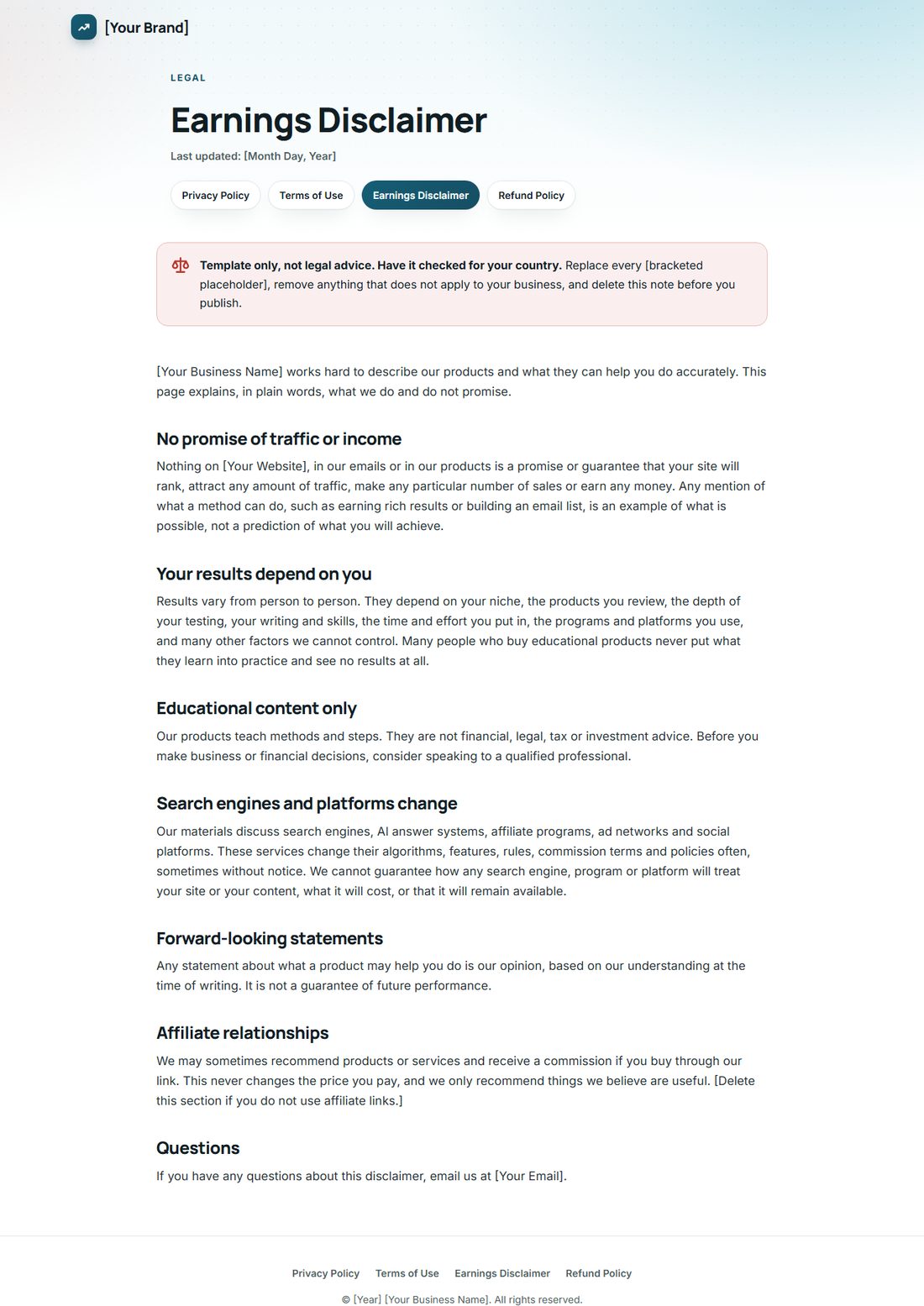 The Earnings Disclaimer template