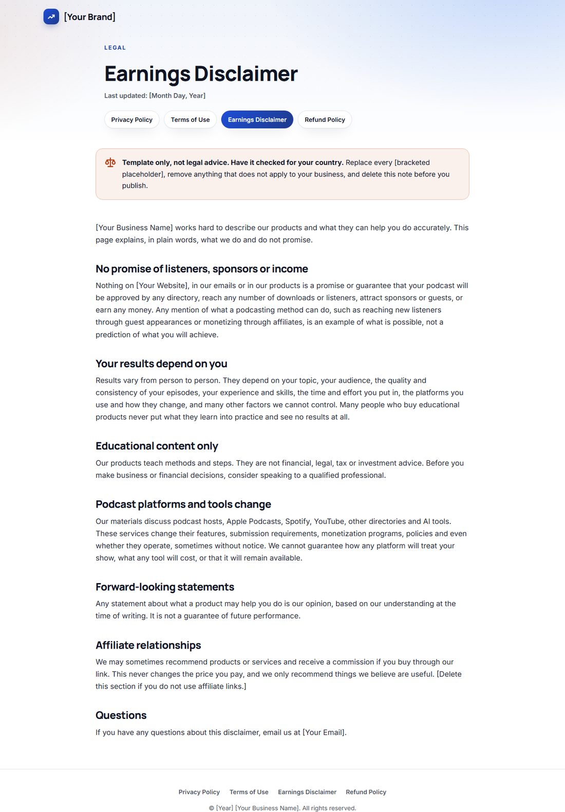 The Earnings Disclaimer template