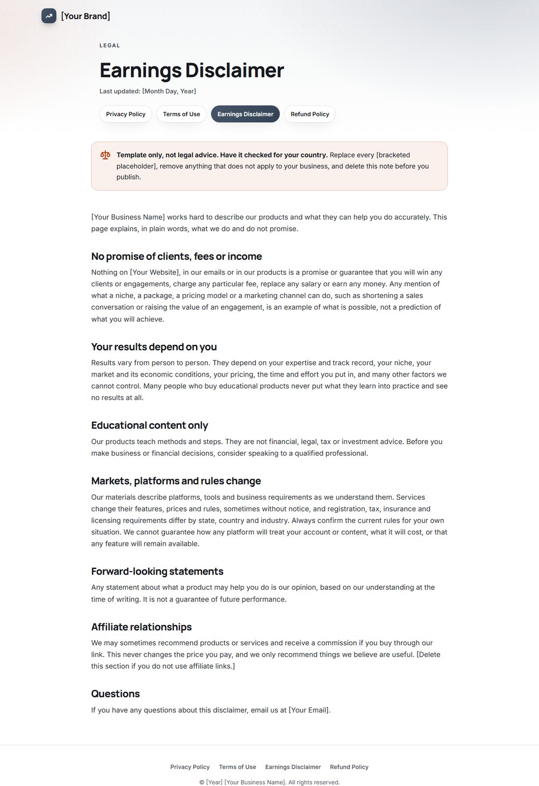The Earnings Disclaimer template