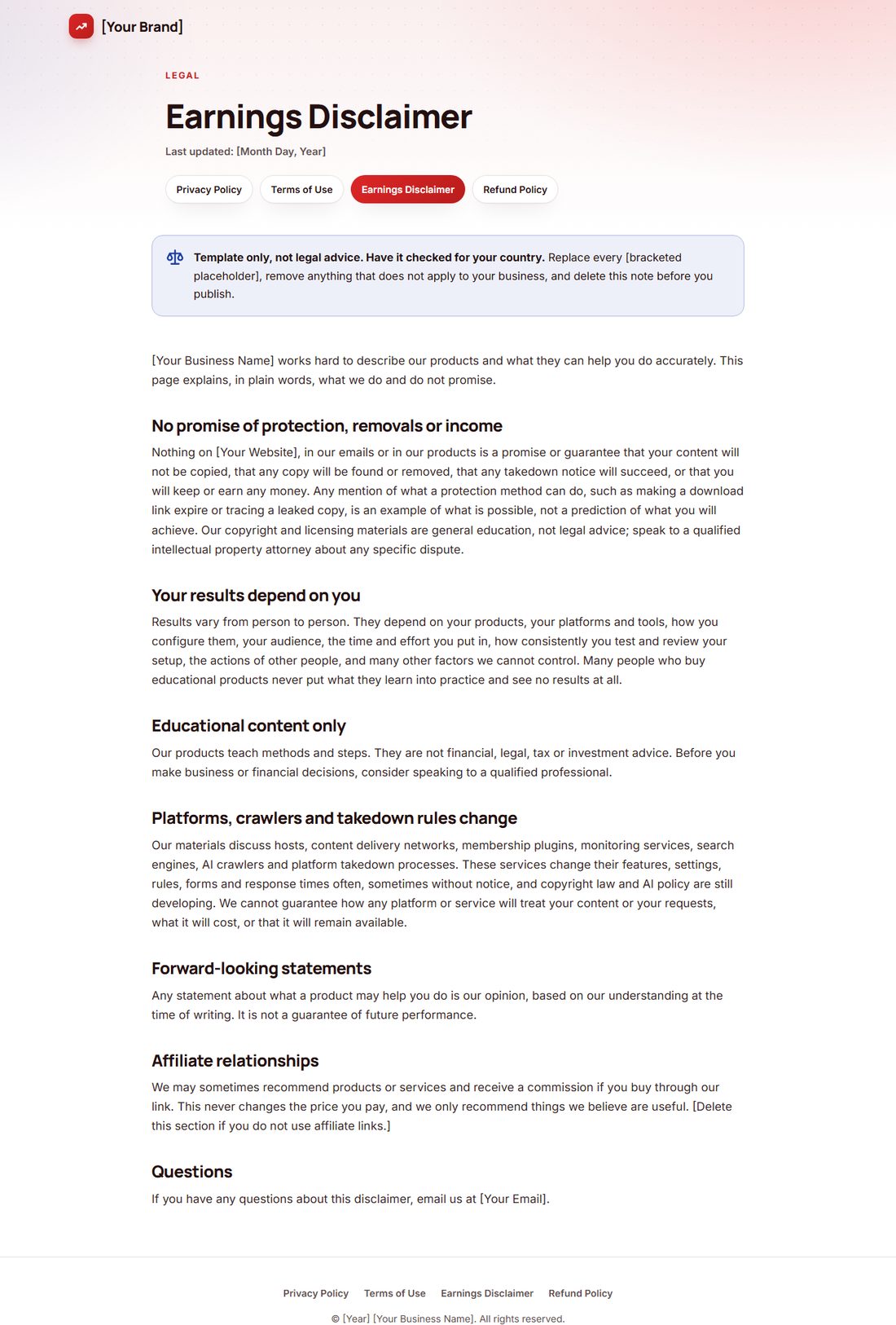 The Earnings Disclaimer template