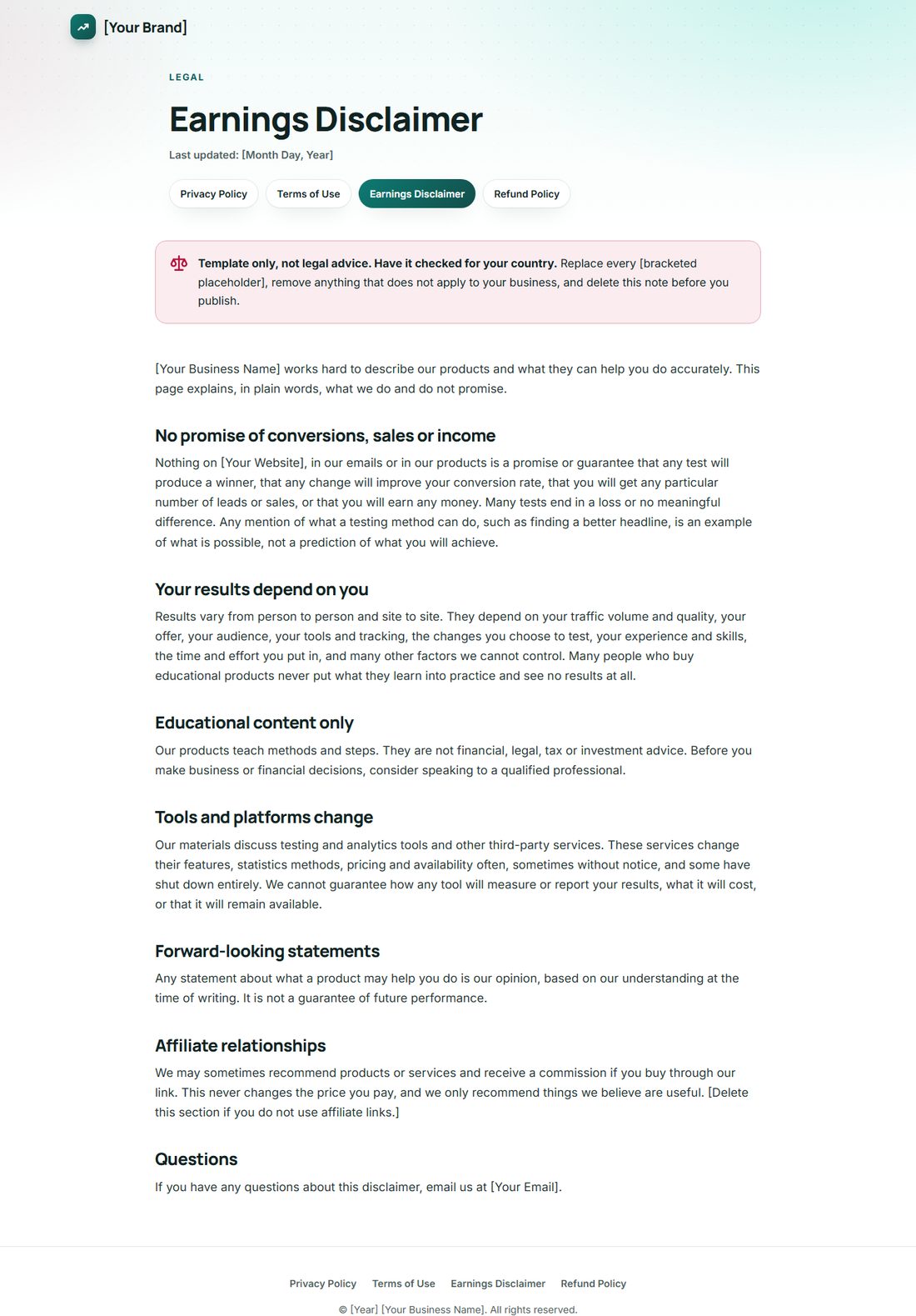The Earnings Disclaimer template