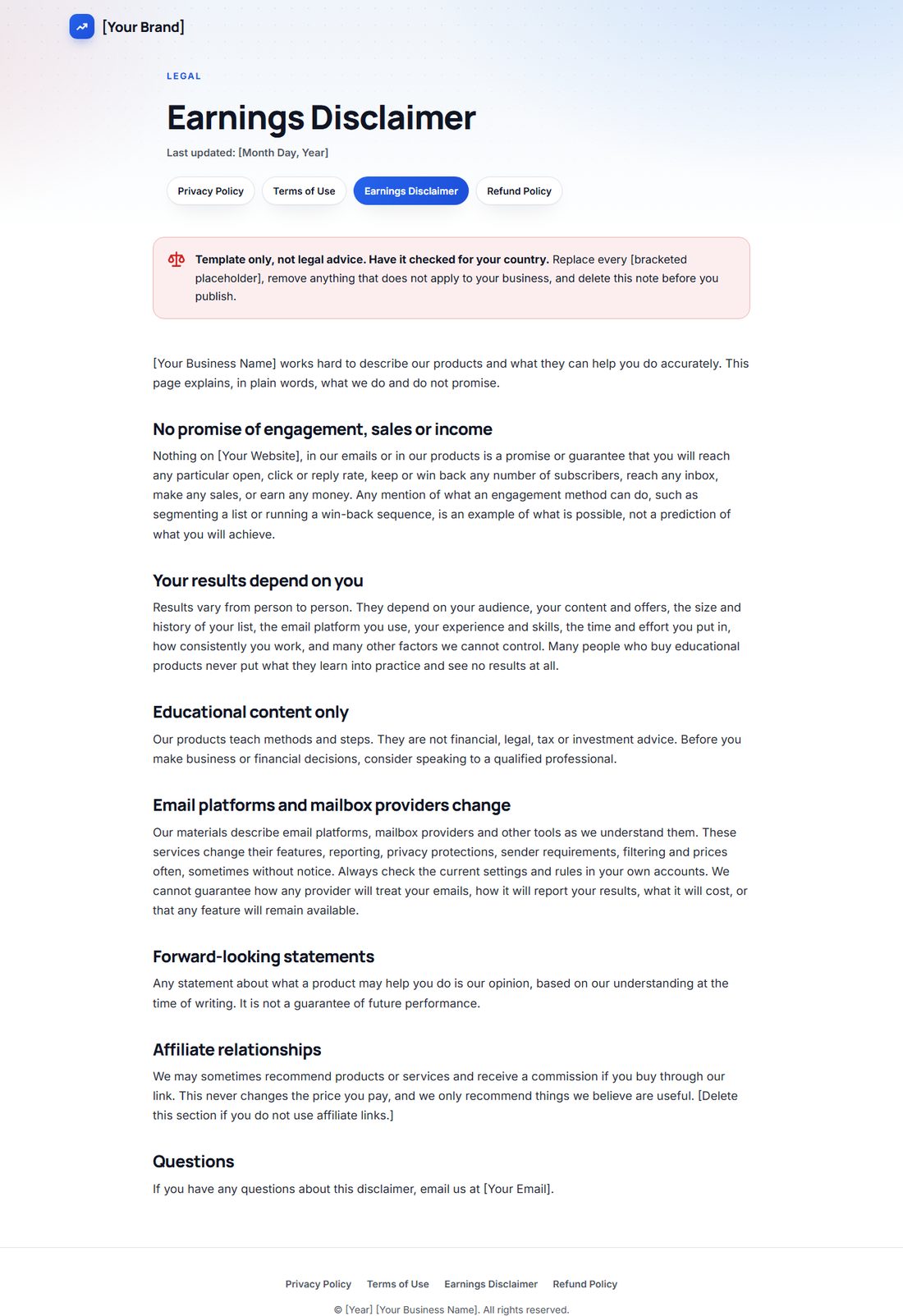 The Earnings Disclaimer template