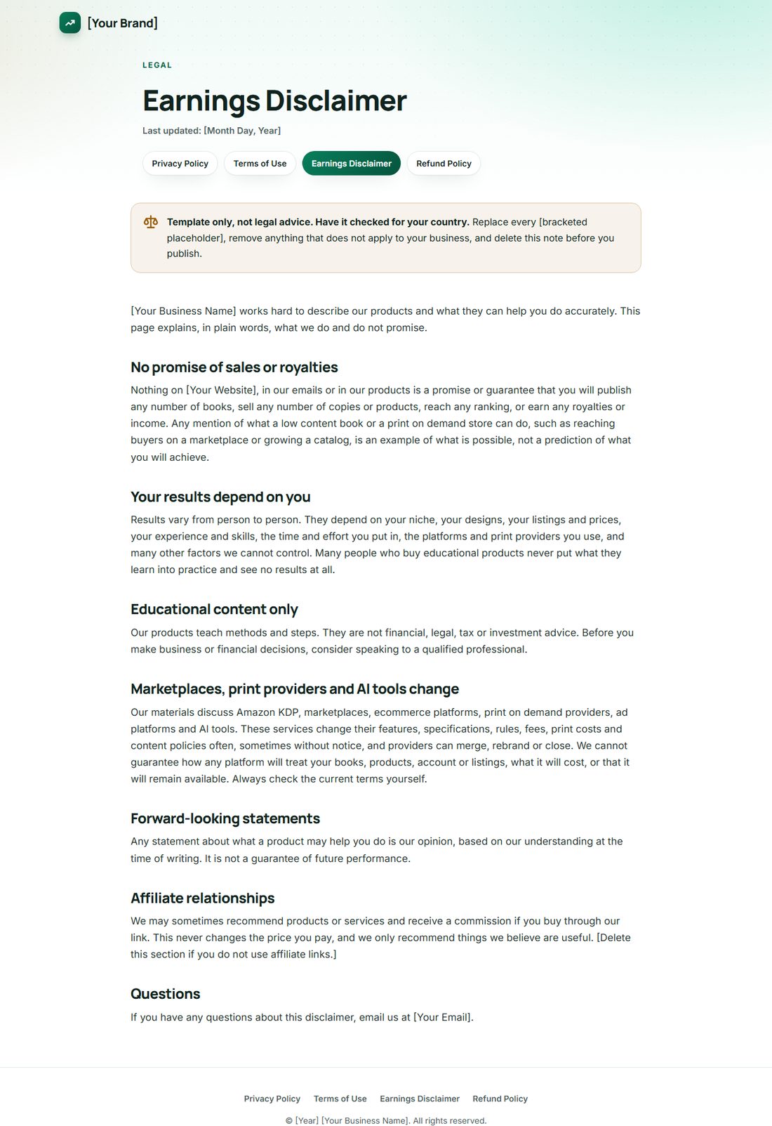 The Earnings Disclaimer template