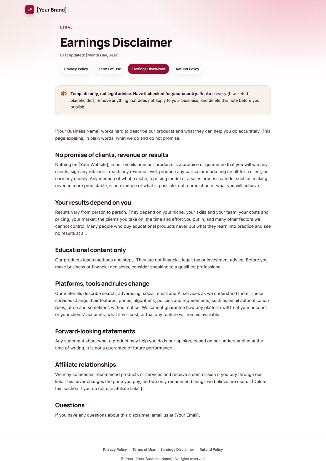 The Earnings Disclaimer template