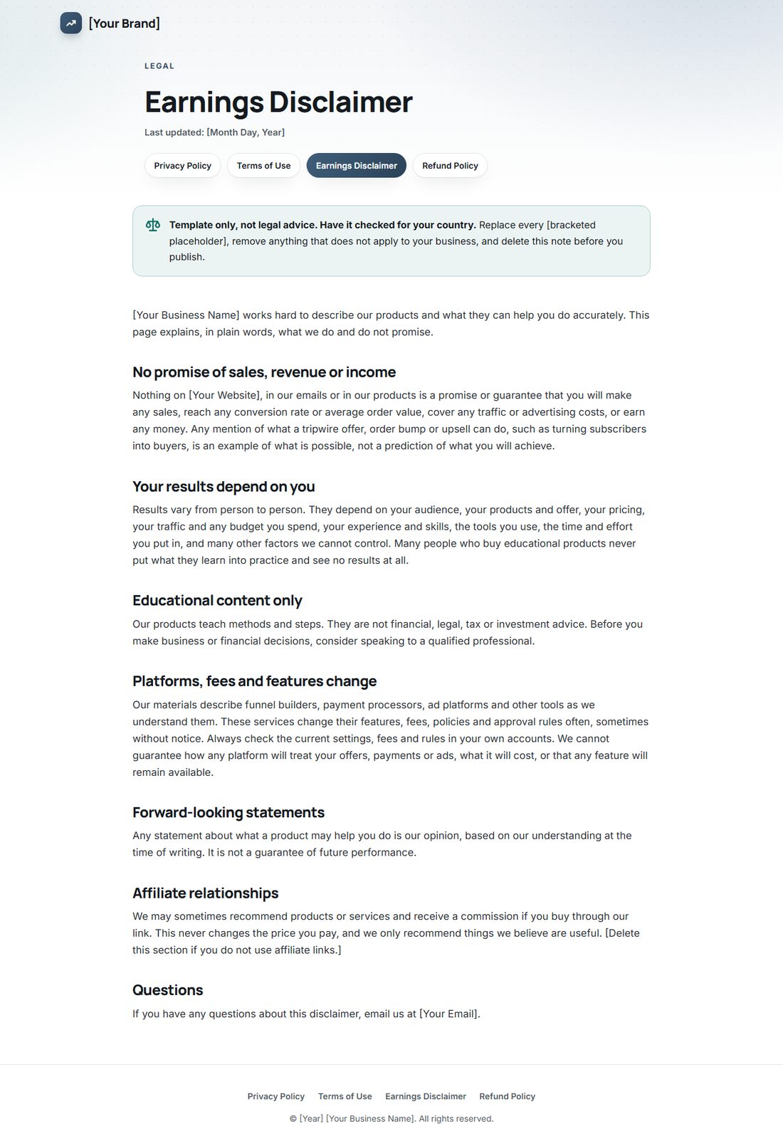 The Earnings Disclaimer template