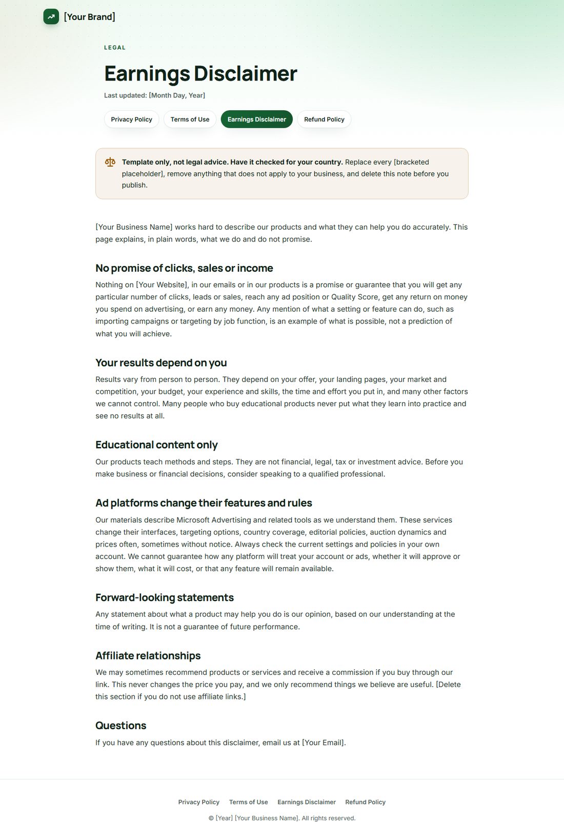 The Earnings Disclaimer template