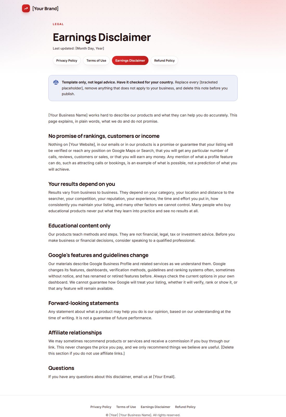 The Earnings Disclaimer template