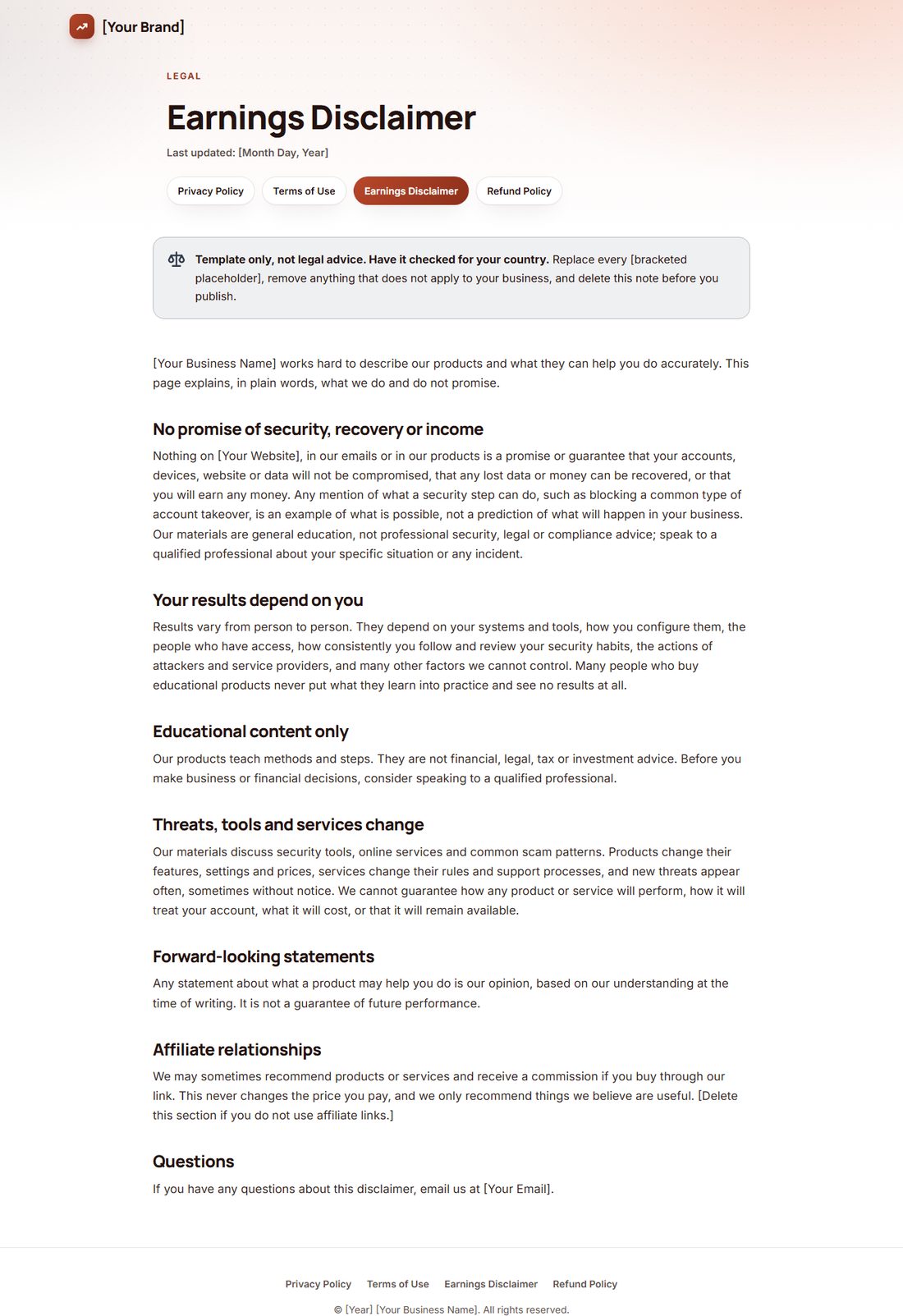 The Earnings Disclaimer template