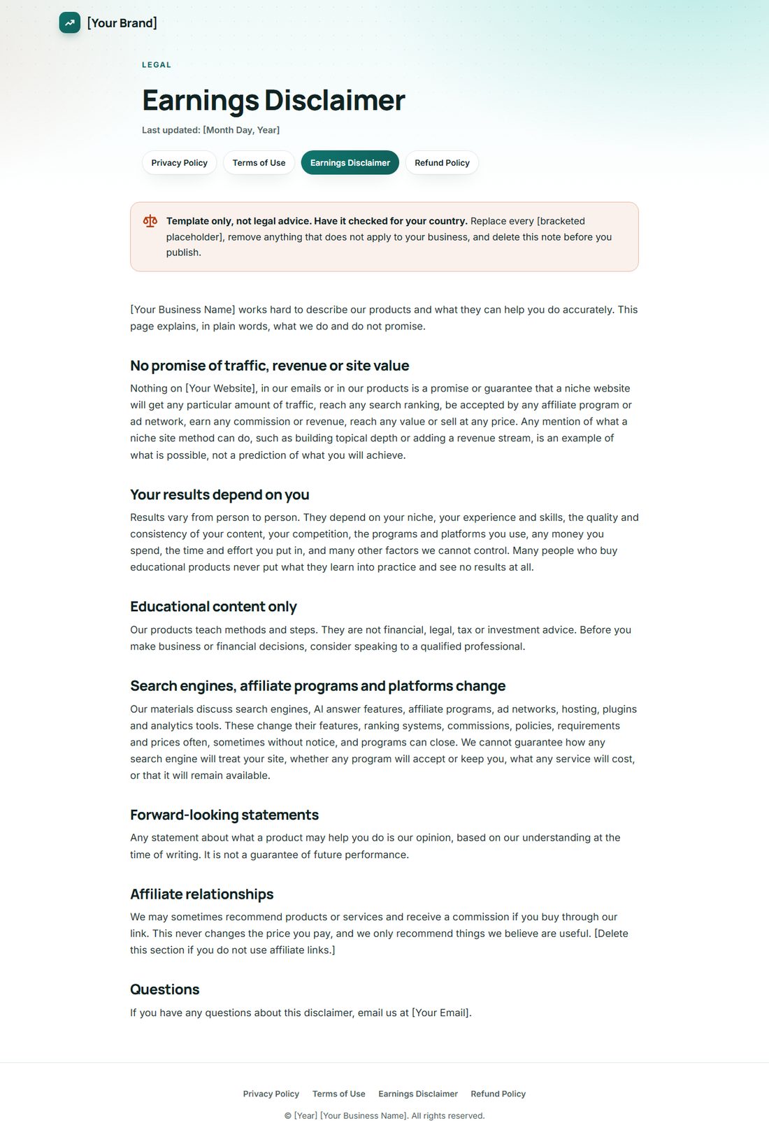 The Earnings Disclaimer template