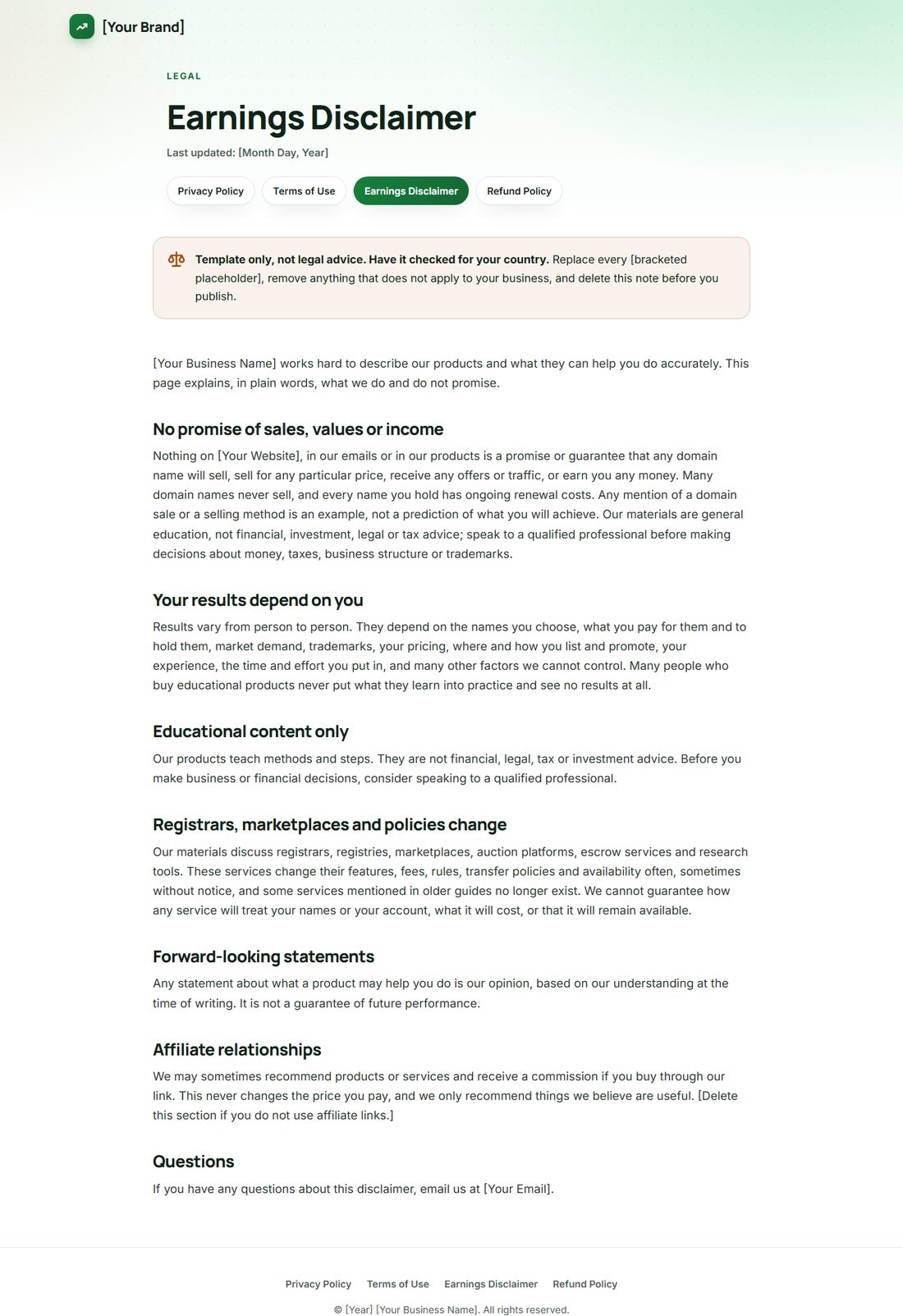 The Earnings Disclaimer template