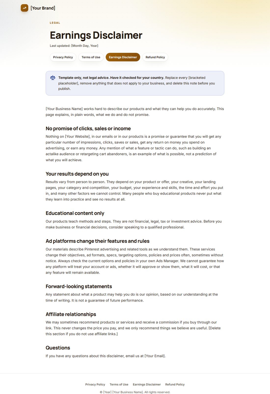 The Earnings Disclaimer template