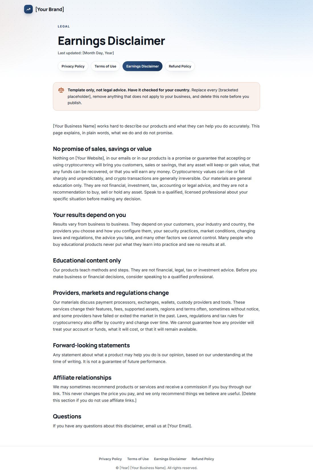 The Earnings Disclaimer template