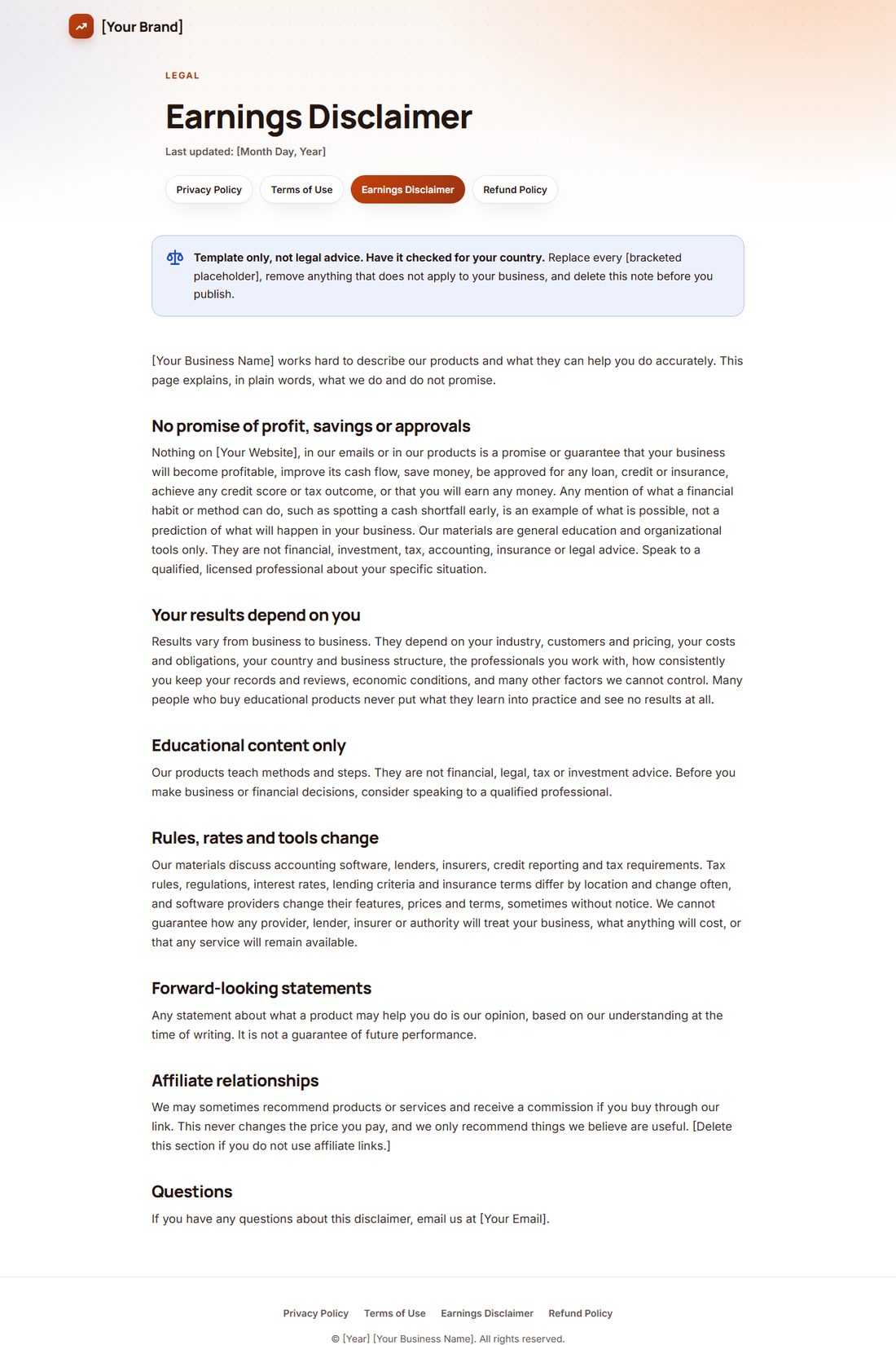 The Earnings Disclaimer template