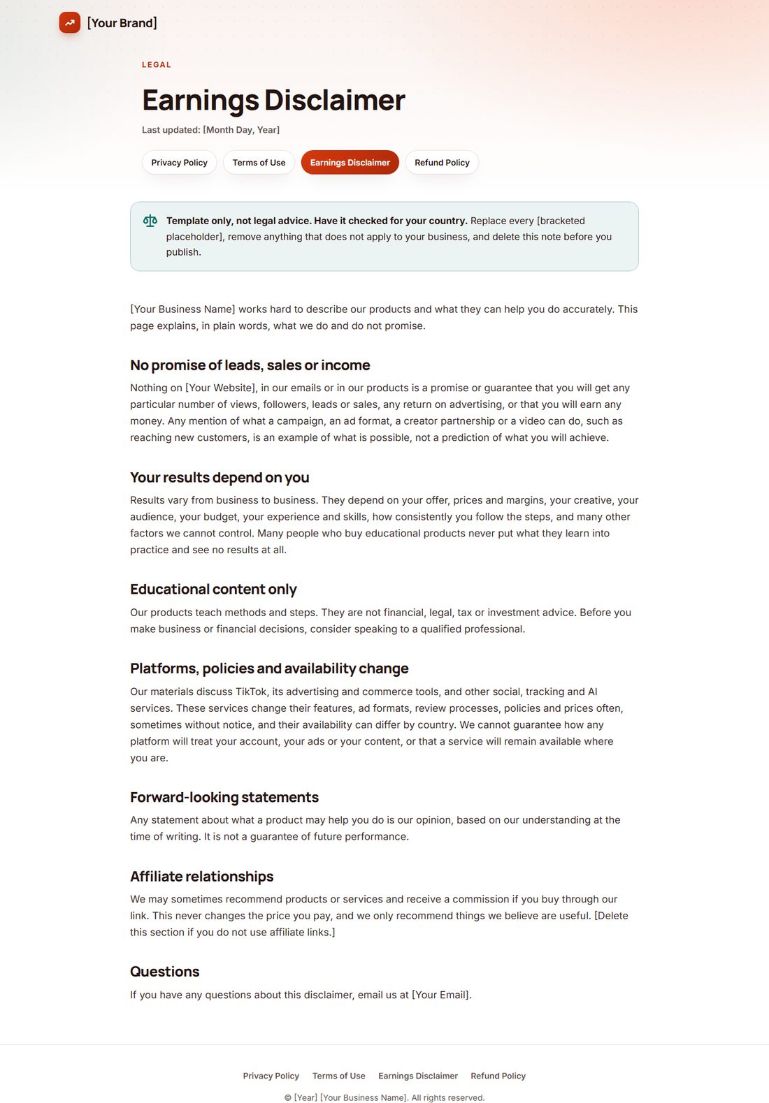 The Earnings Disclaimer template