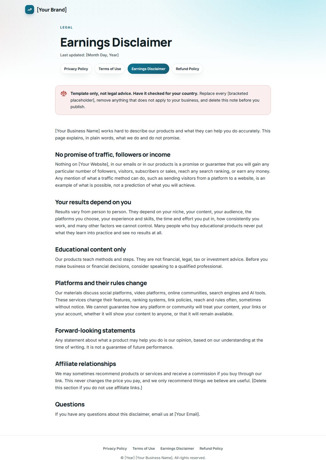 The Earnings Disclaimer template