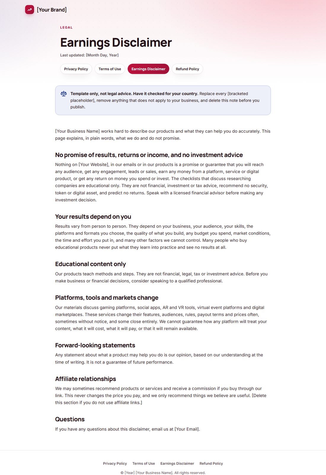 The Earnings Disclaimer template