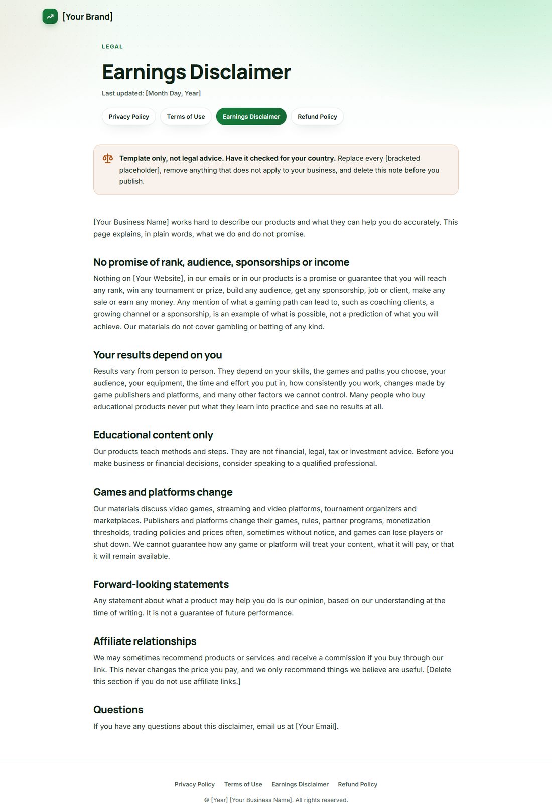 The Earnings Disclaimer template