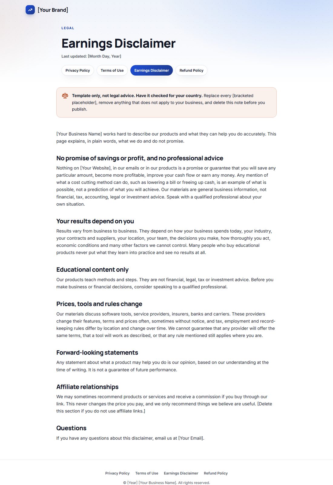 The Earnings Disclaimer template