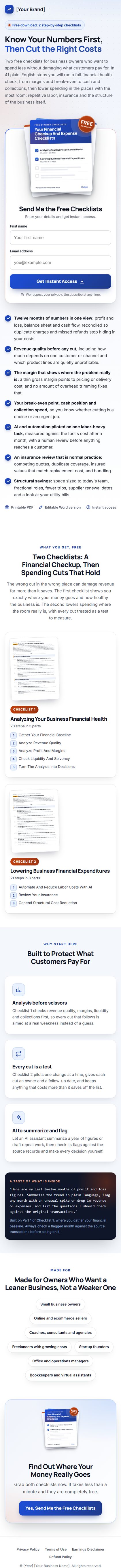 The Cost Cutting Profit Kit squeeze page on a phone