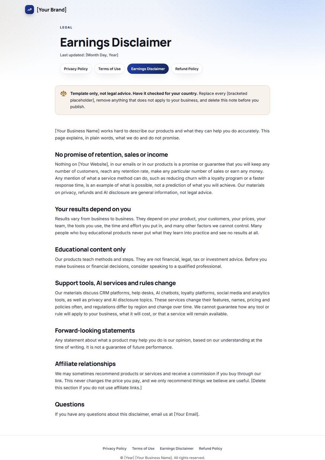 The Earnings Disclaimer template