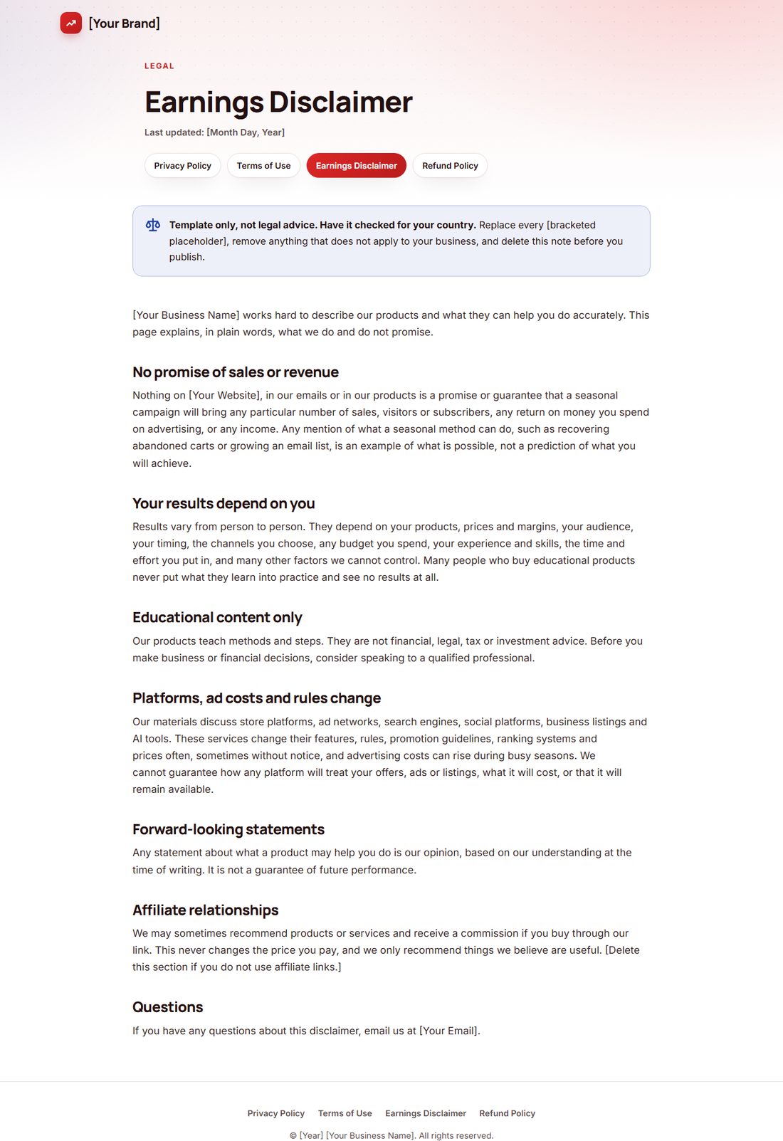 The Earnings Disclaimer template