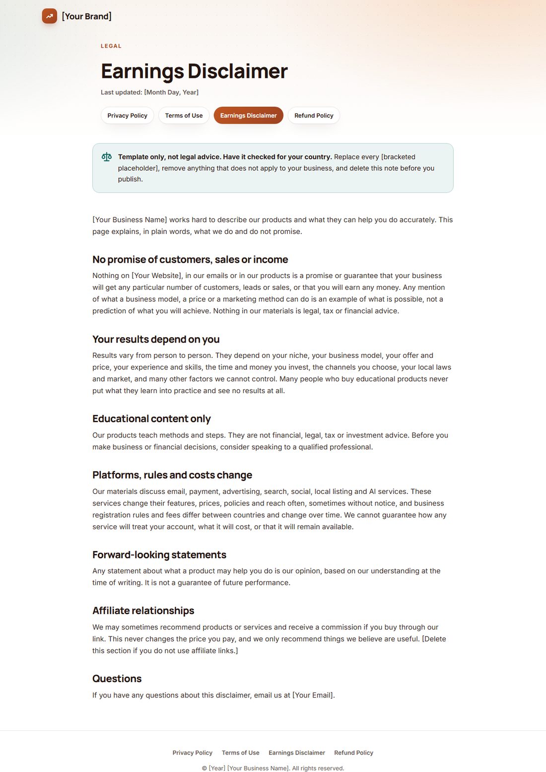 The Earnings Disclaimer template