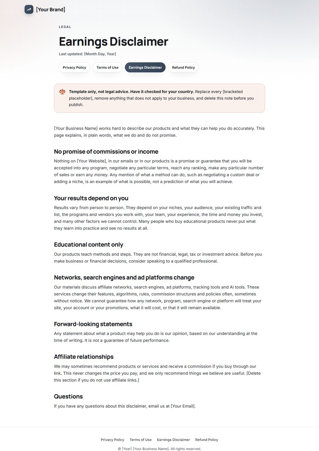 The Earnings Disclaimer template