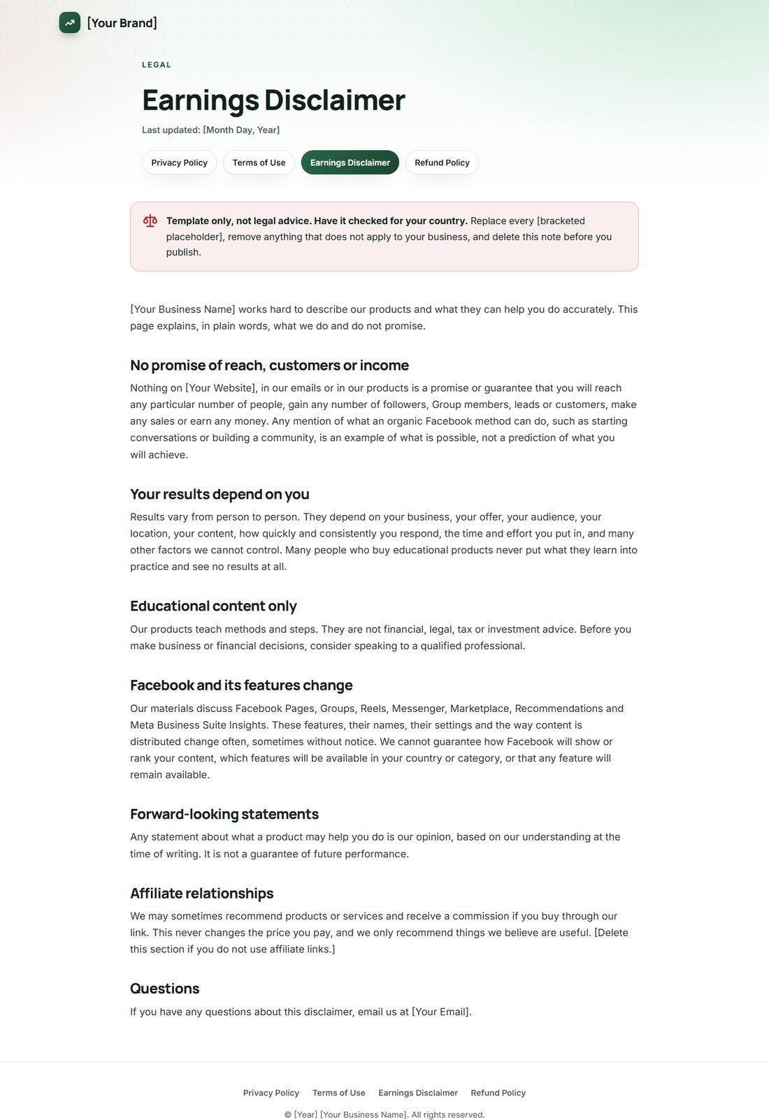 The Earnings Disclaimer template