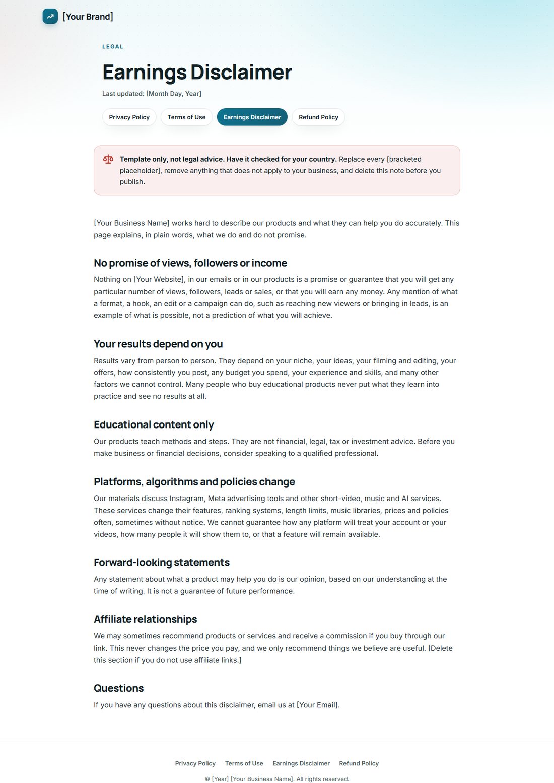 The Earnings Disclaimer template