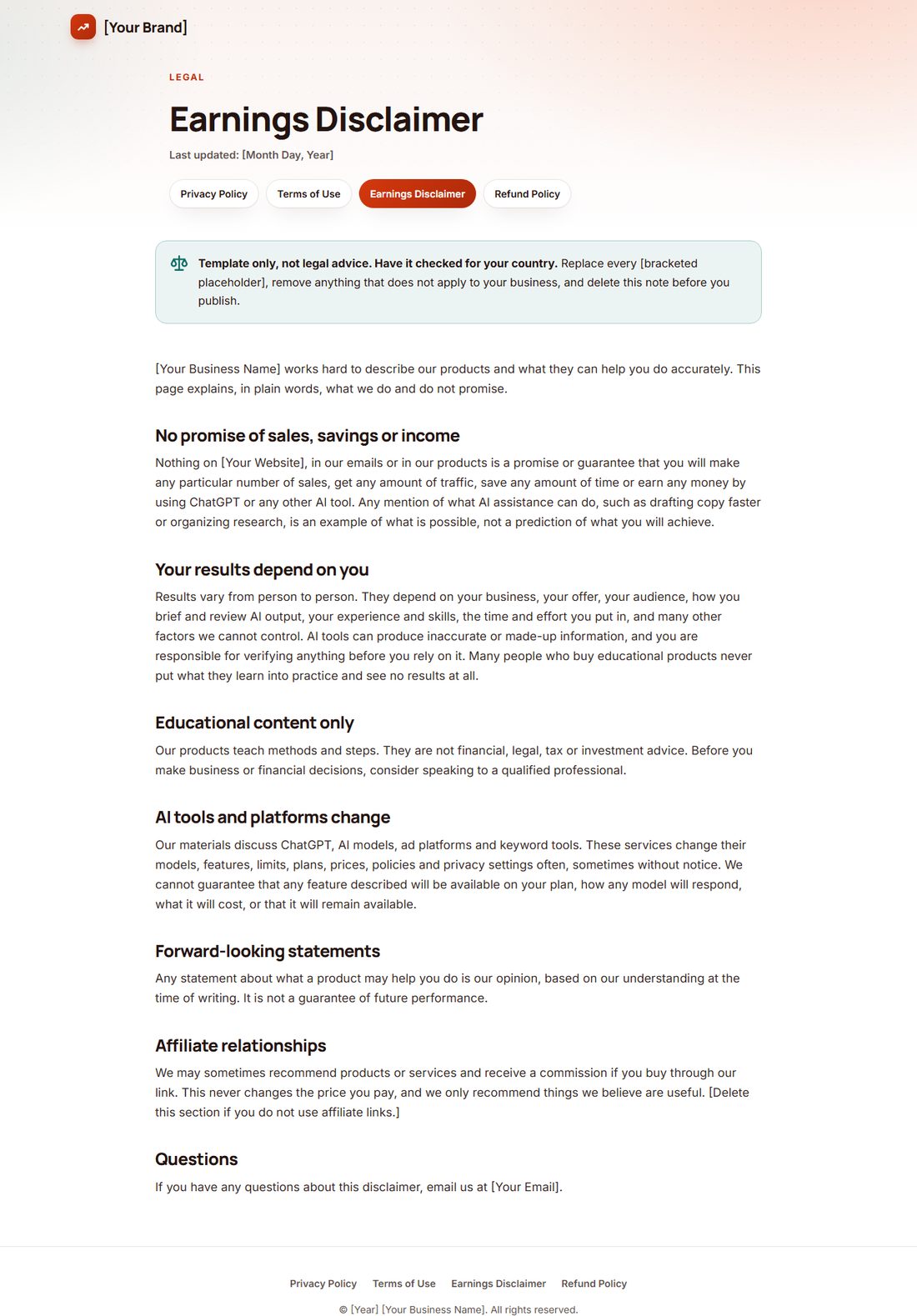 The Earnings Disclaimer template