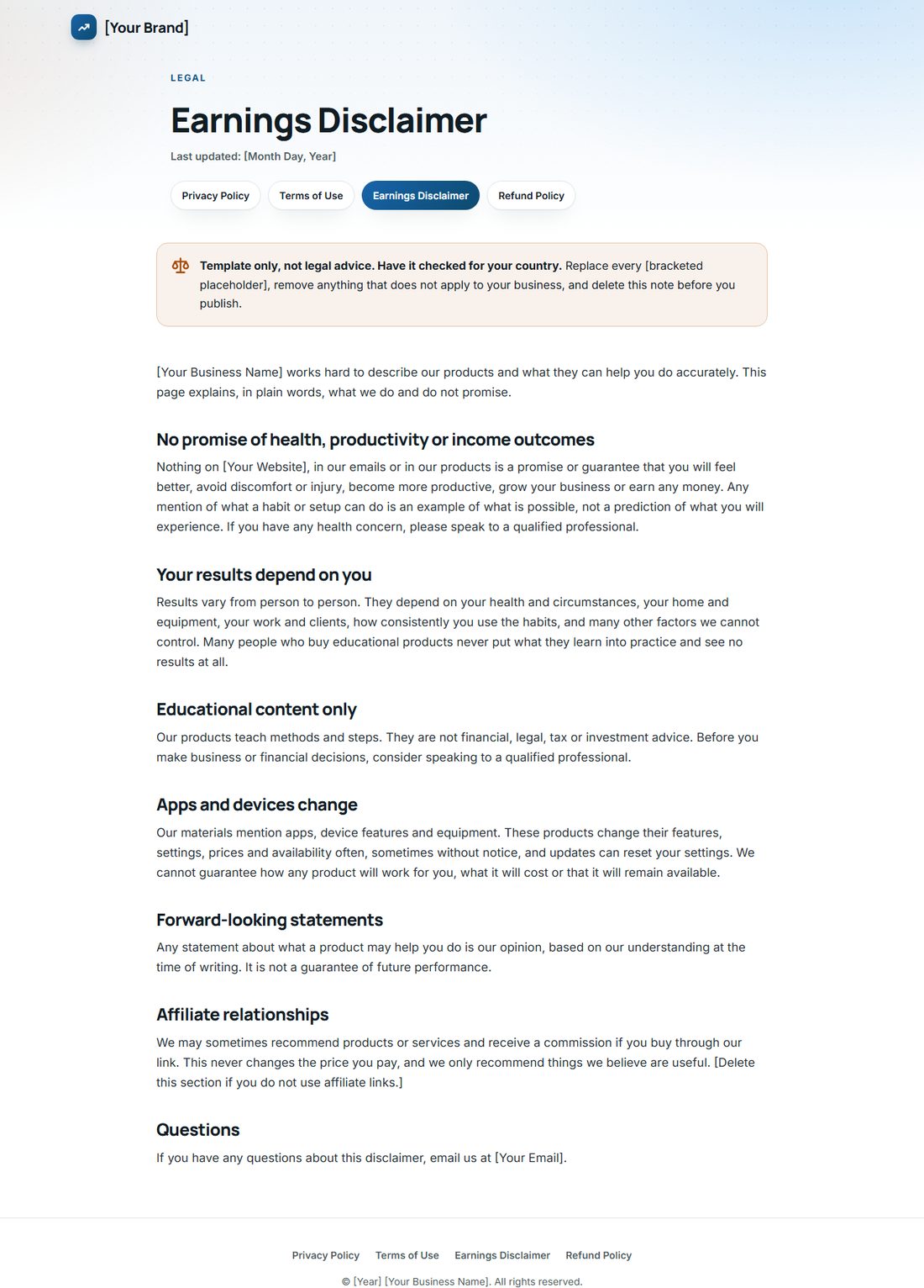 The Earnings Disclaimer template